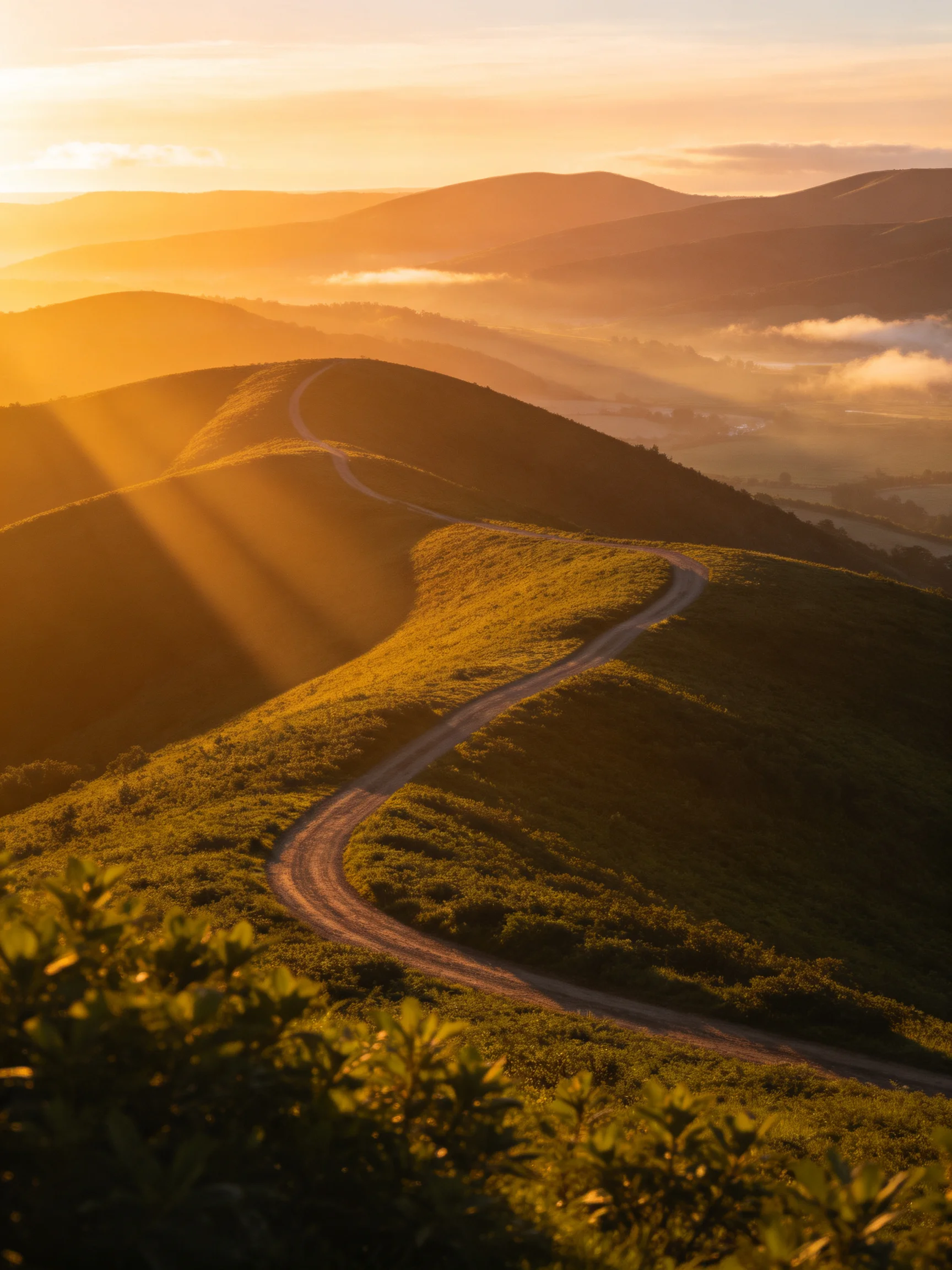 Golden Sunset Over Rolling Green Hills with Winding Dirt Road