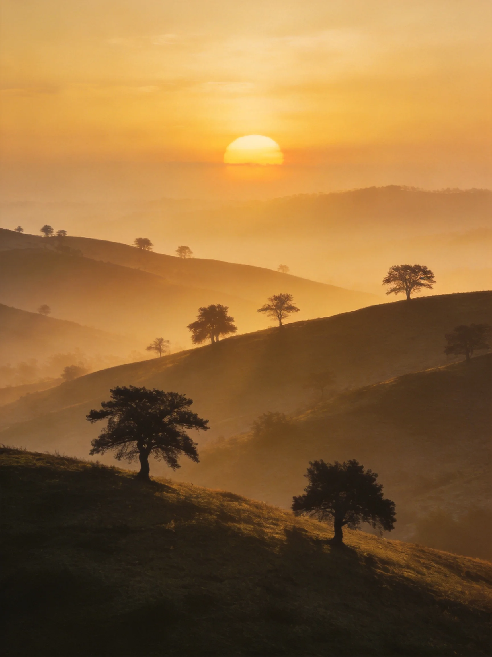 Golden Sunset Over Rolling Hills with Silhouetted Trees