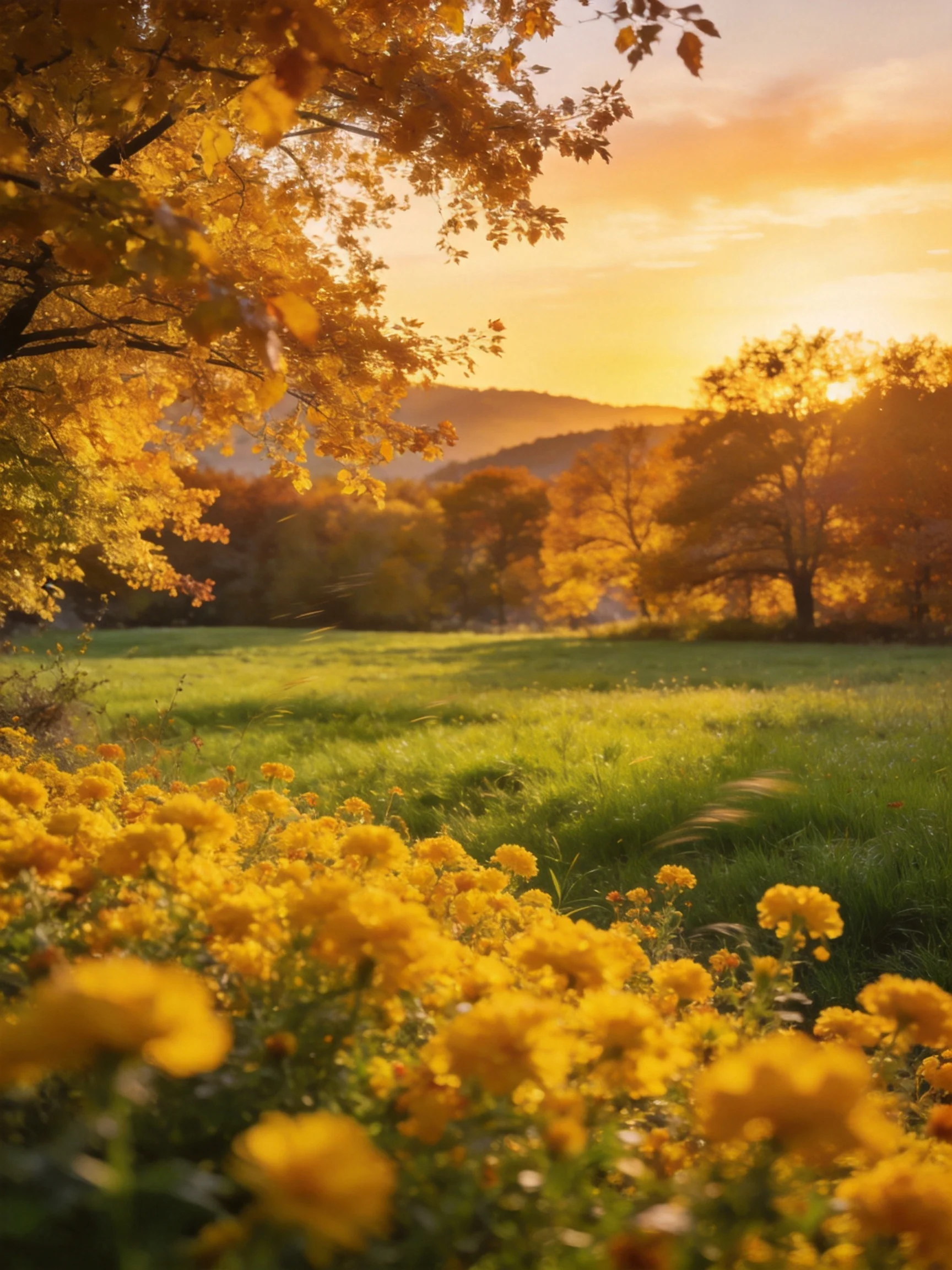 Golden Sunset Over Yellow Flower Field with Lush Green Meadow
