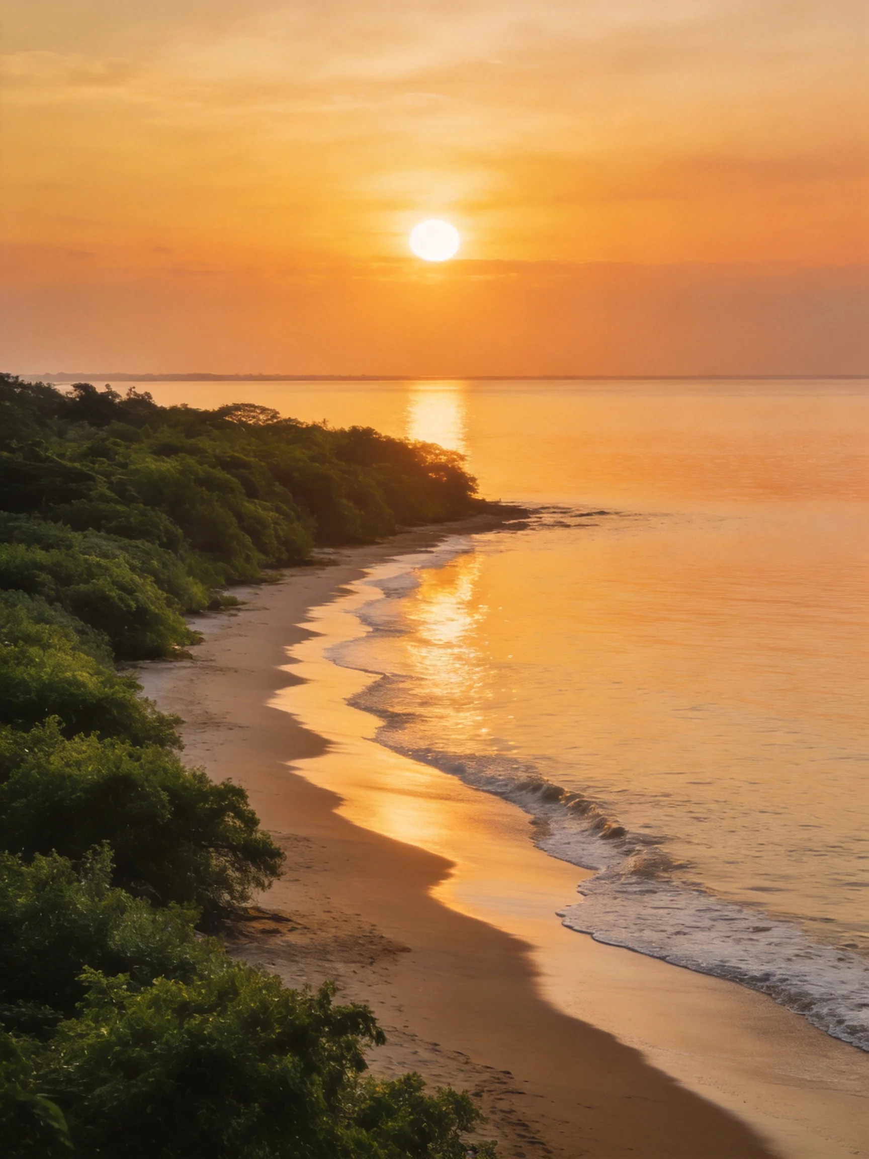 Golden Sunset Over a Sandy Beach with Lush Green Shoreline