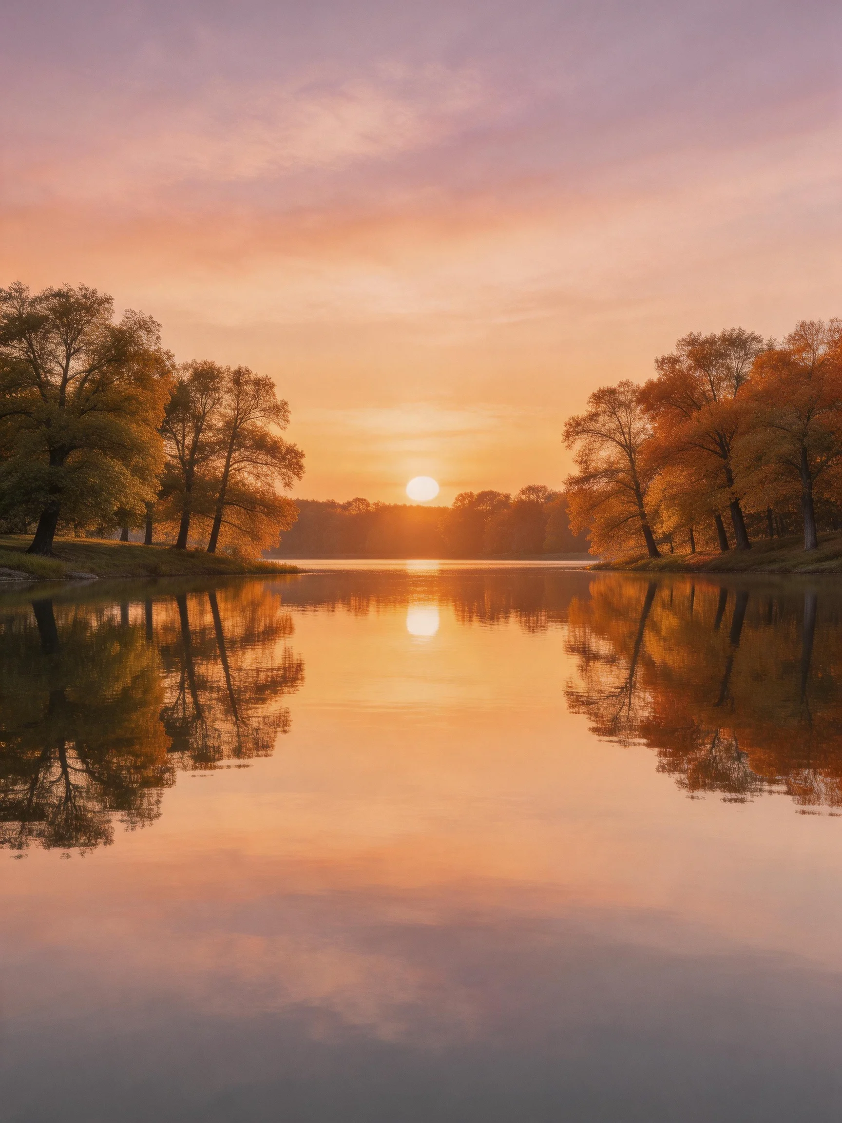 Golden Sunset Reflecting On Calm Lake Amid Autumn Trees