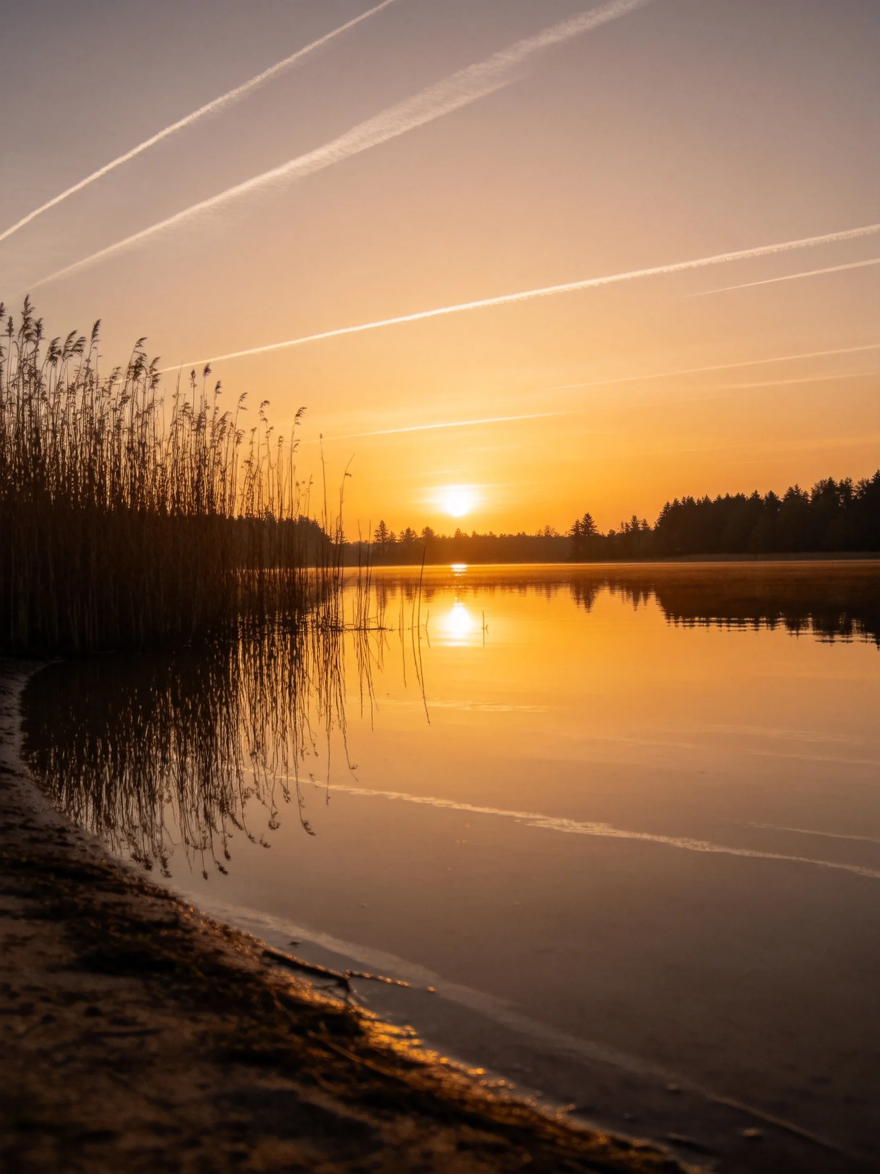 Golden Sunset Reflecting On Calm Lake With Silhouetted Reeds