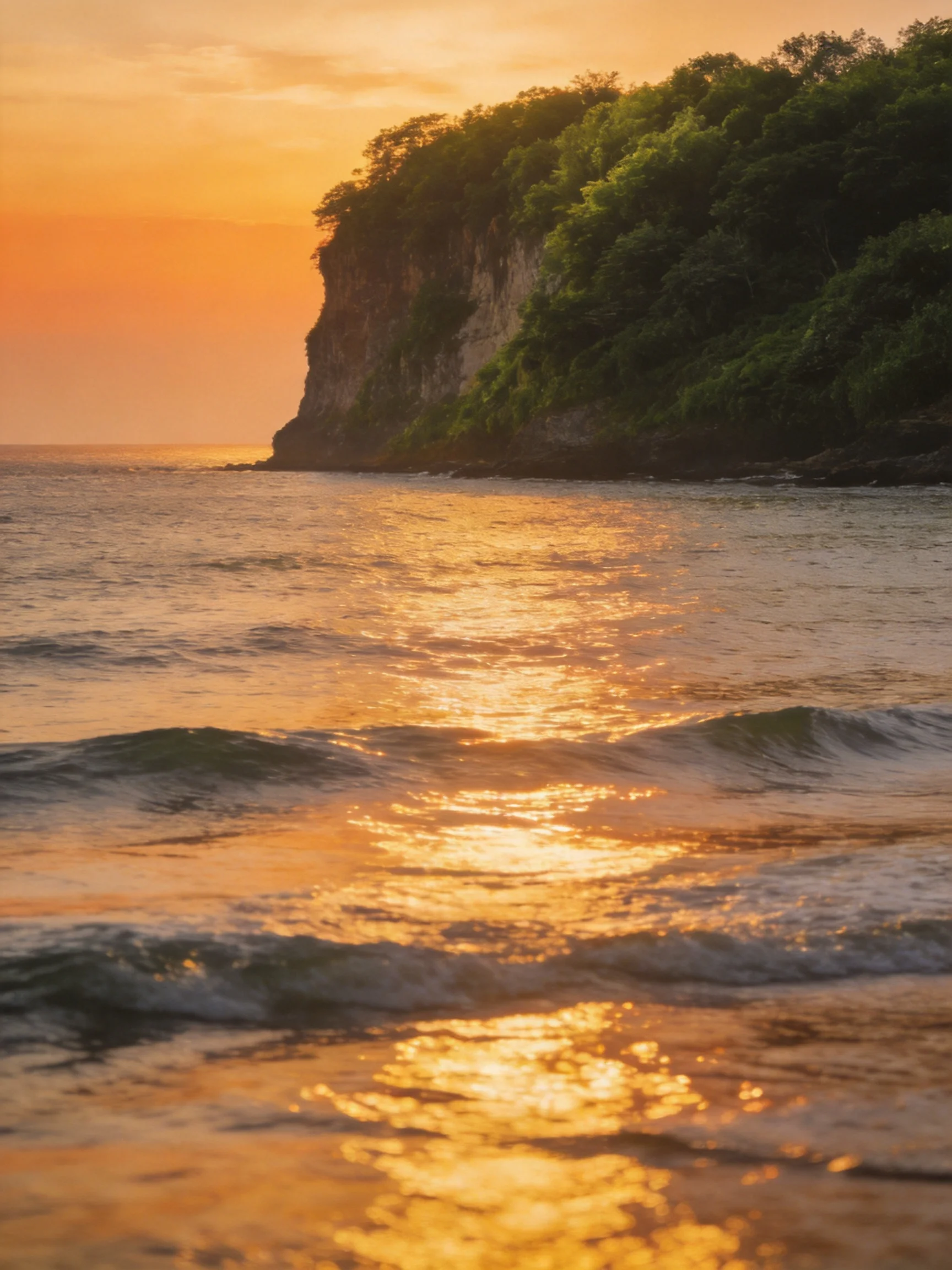 Golden Sunset Reflects Off Ocean Waves Near Lush Cliffside