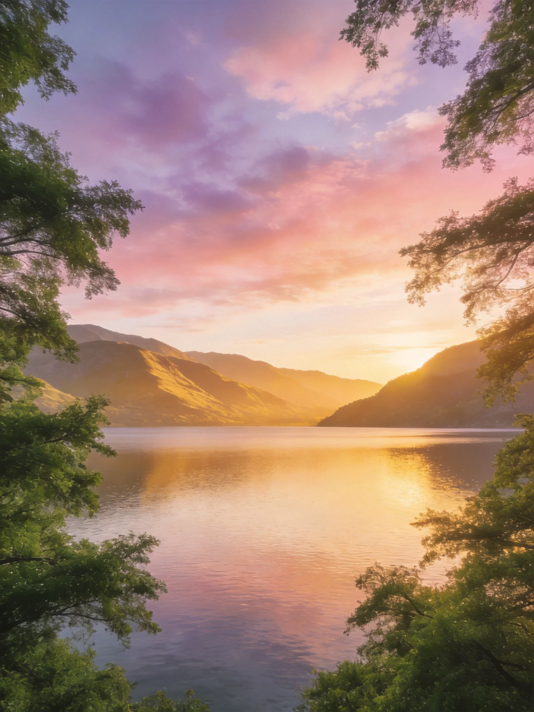 Golden Sunset Reflects on Calm Lake Between Forested Mountains