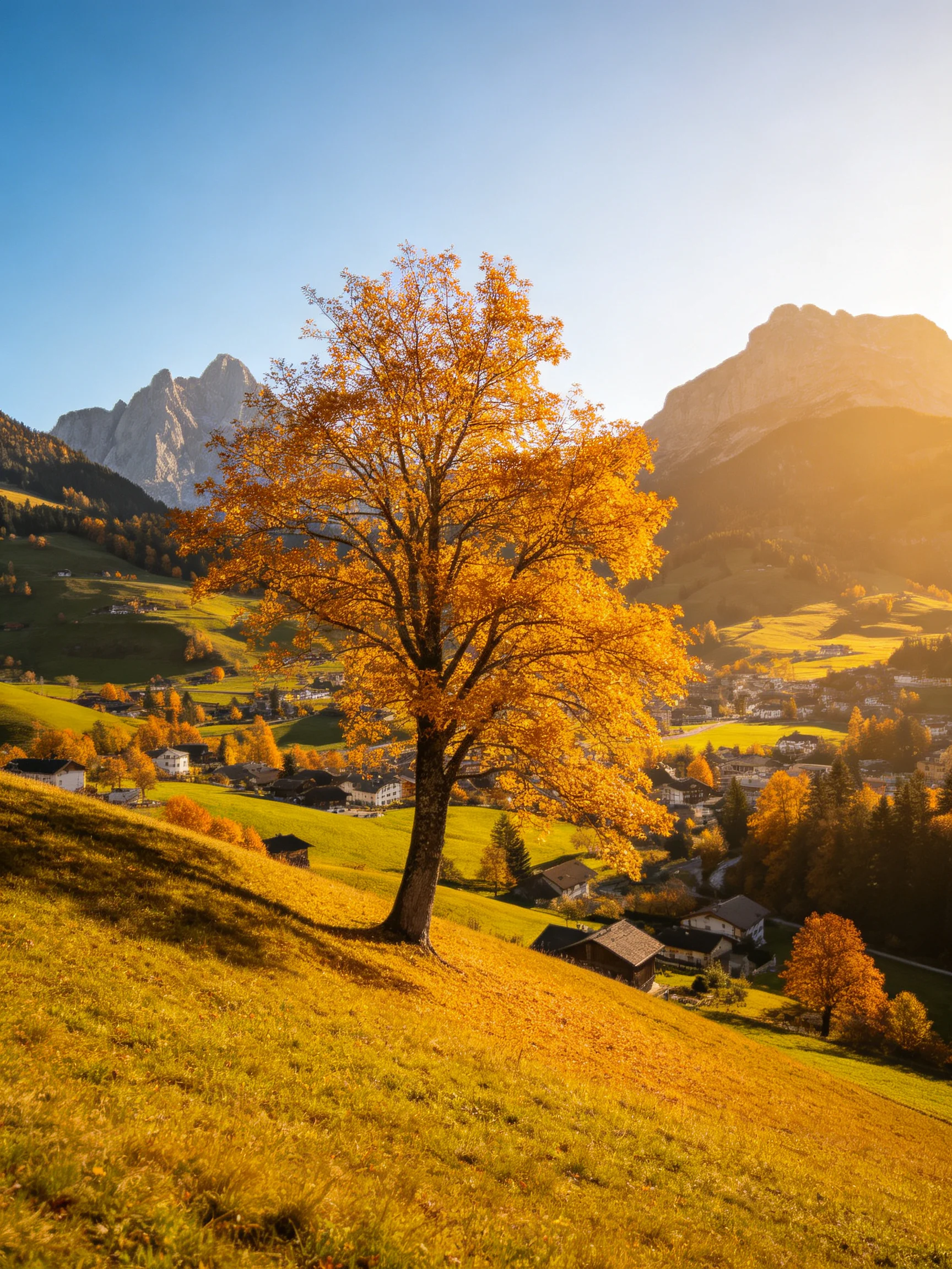 Golden Tree Overlooking Autumnal Mountain Village