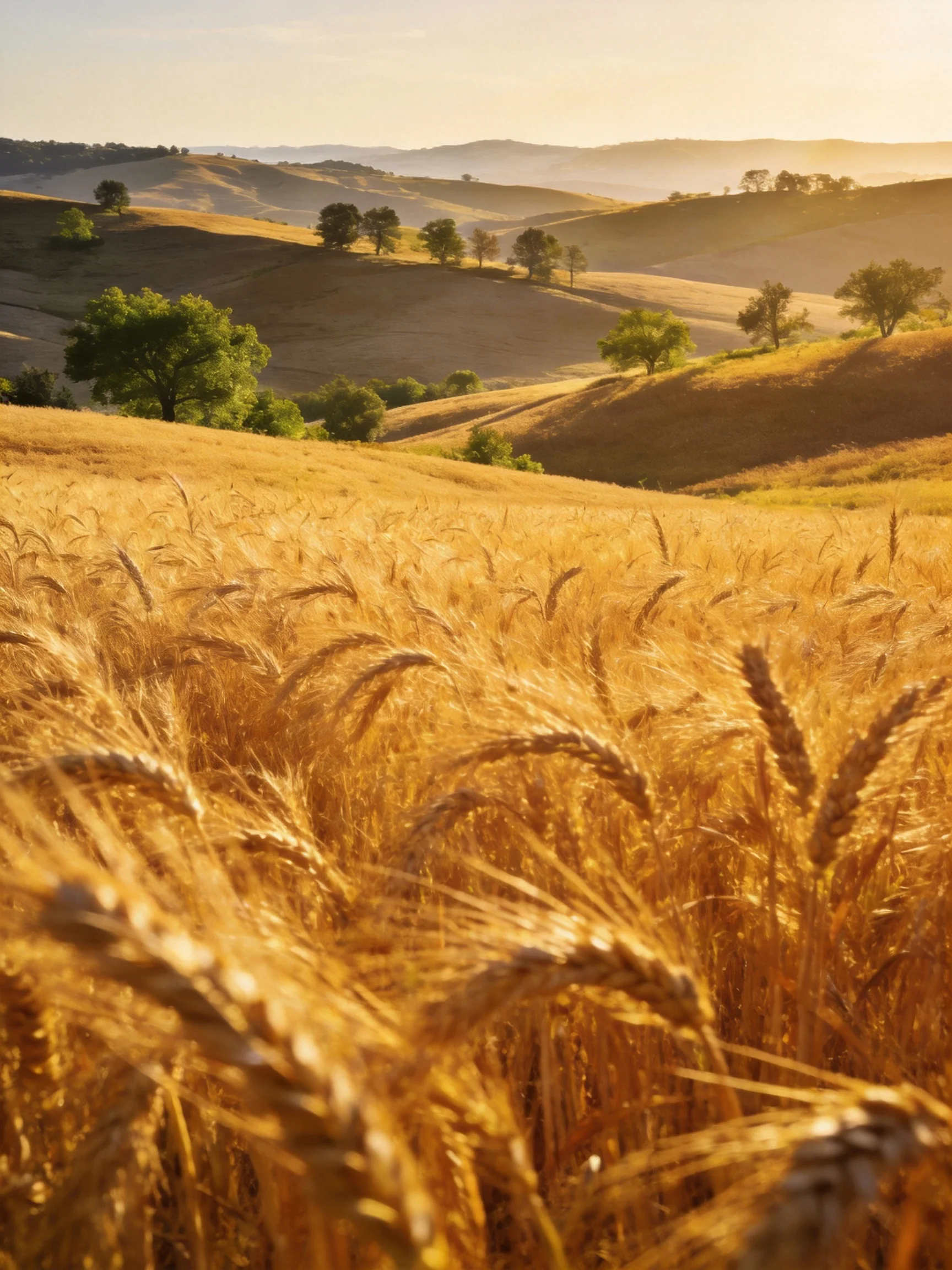 Golden Wheat Field Under Sunset Light with Rolling Hills