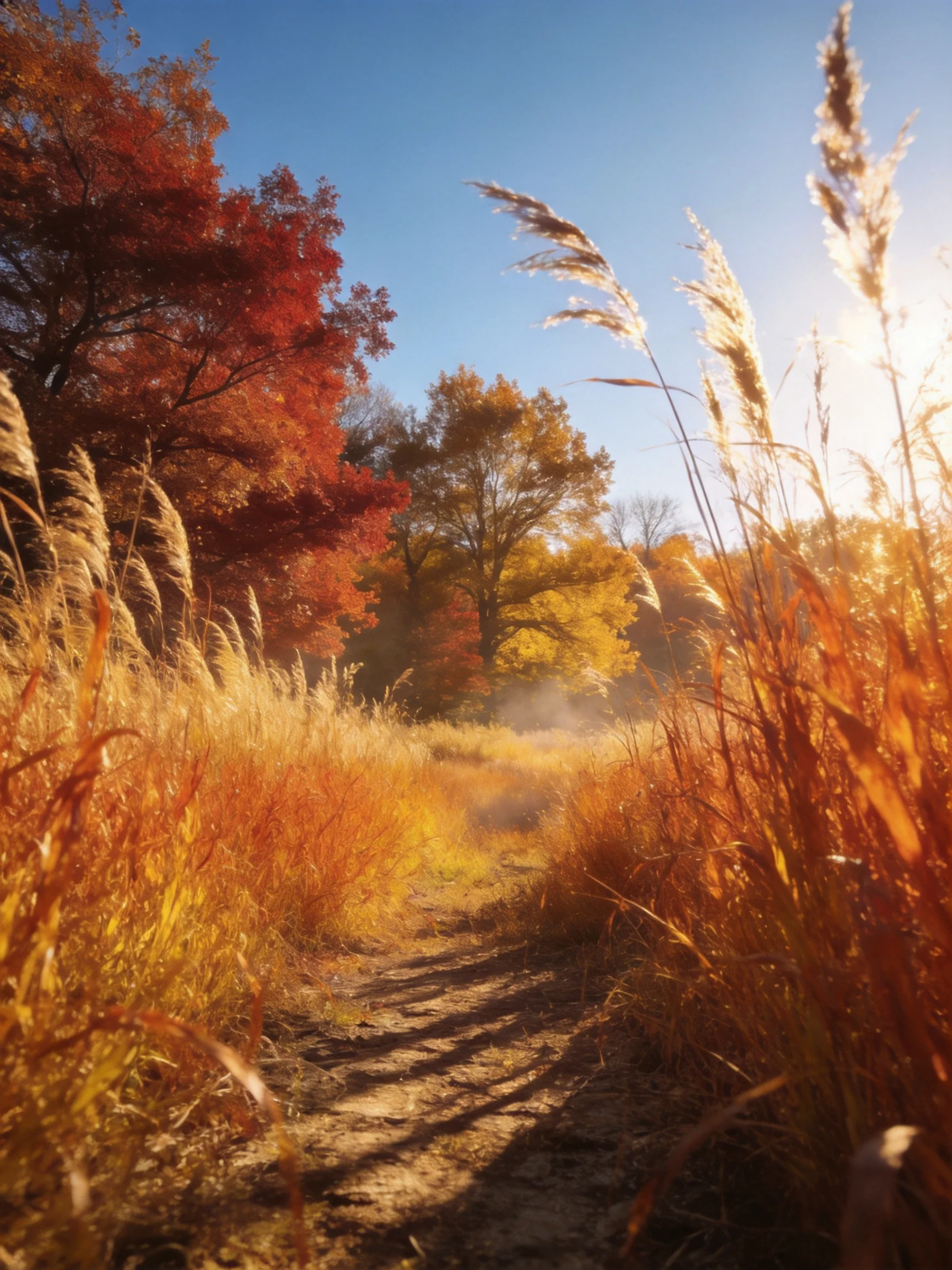 Golden and Crimson Autumn Path Through Sun-Drenched Fields