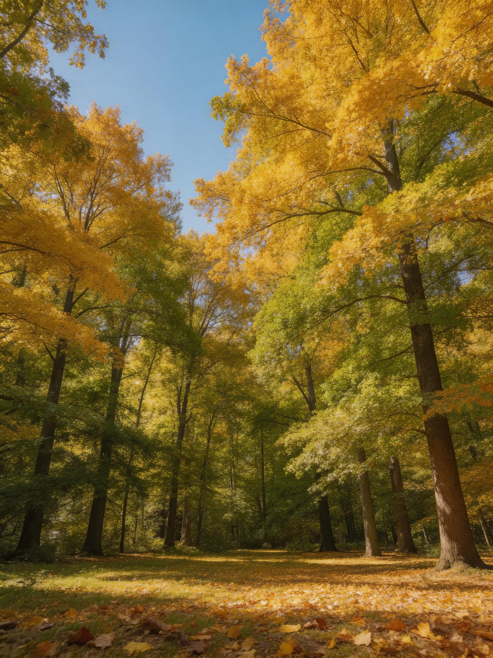 Golden and Green Autumn Forest with Sunlit Pathway