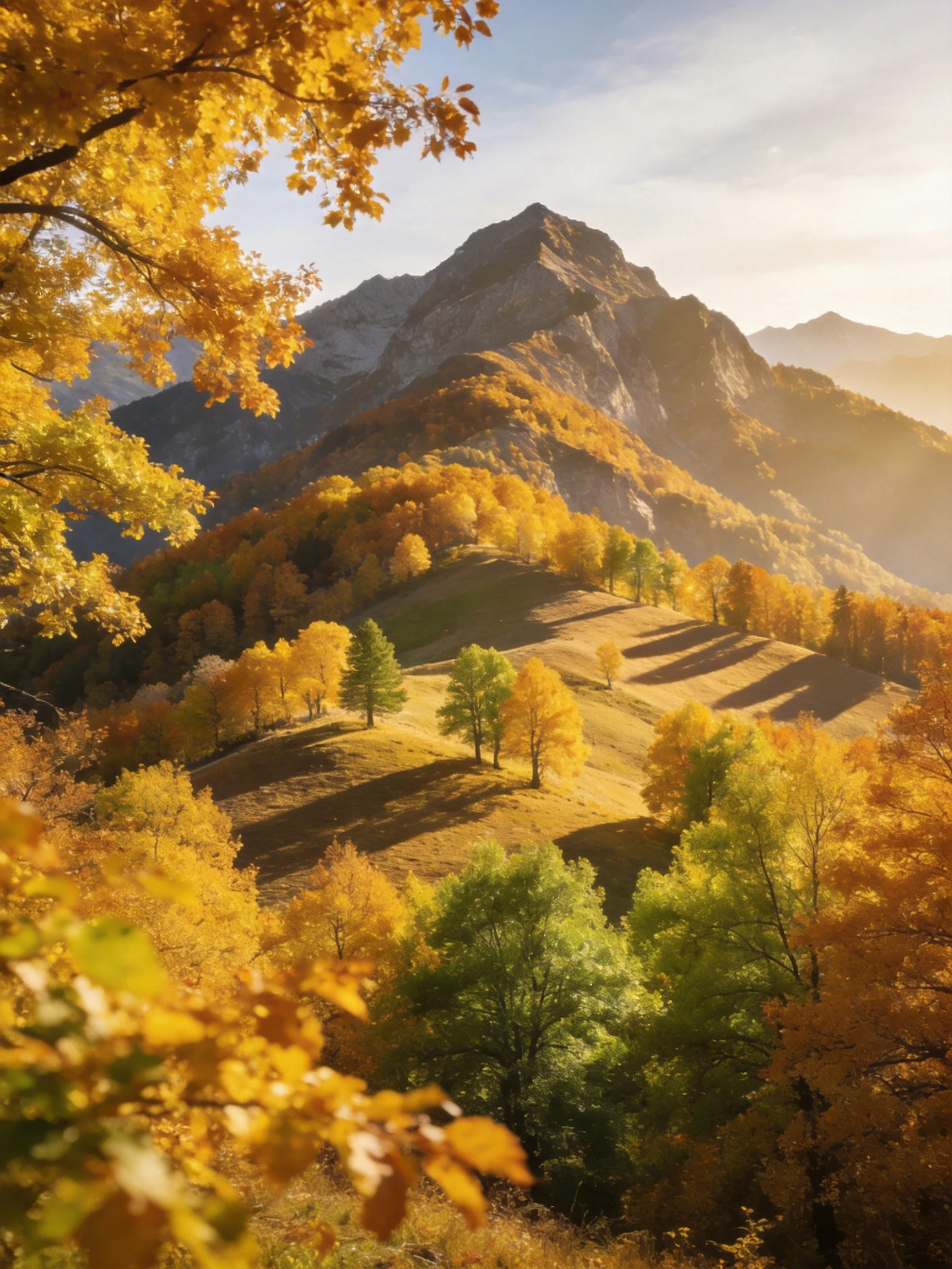 Golden and Green Autumn Forests Near a Majestic Mountain Peak
