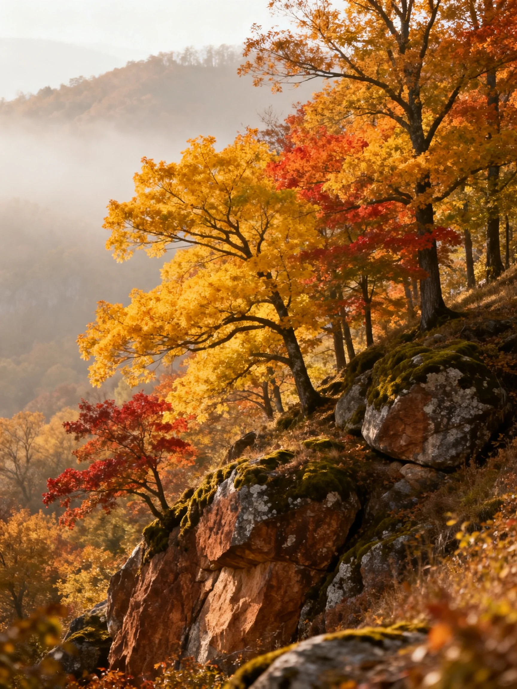 Golden and crimson autumn trees on moss-covered rocky slopes