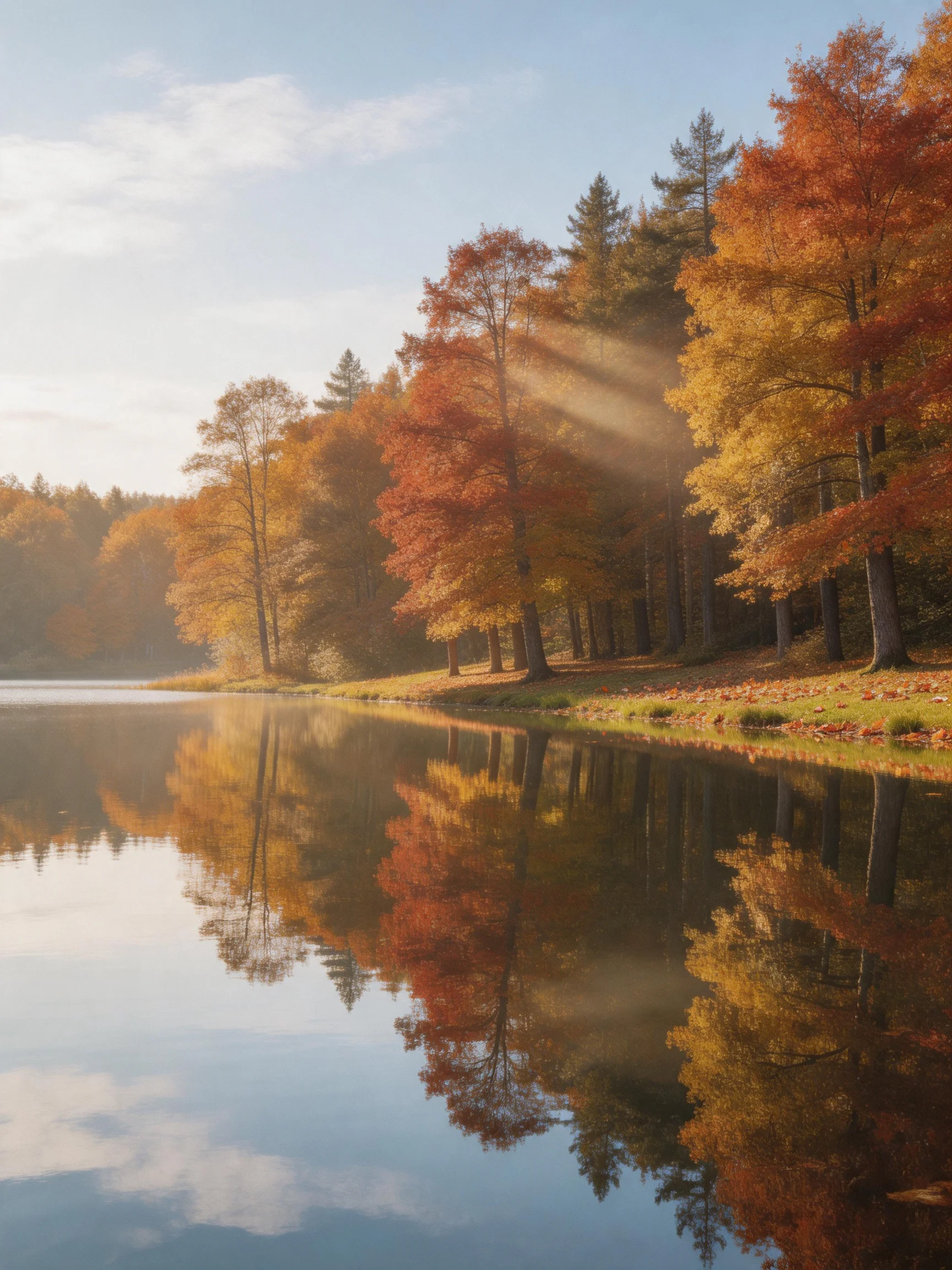 Golden and crimson autumn trees reflect in calm lake waters
