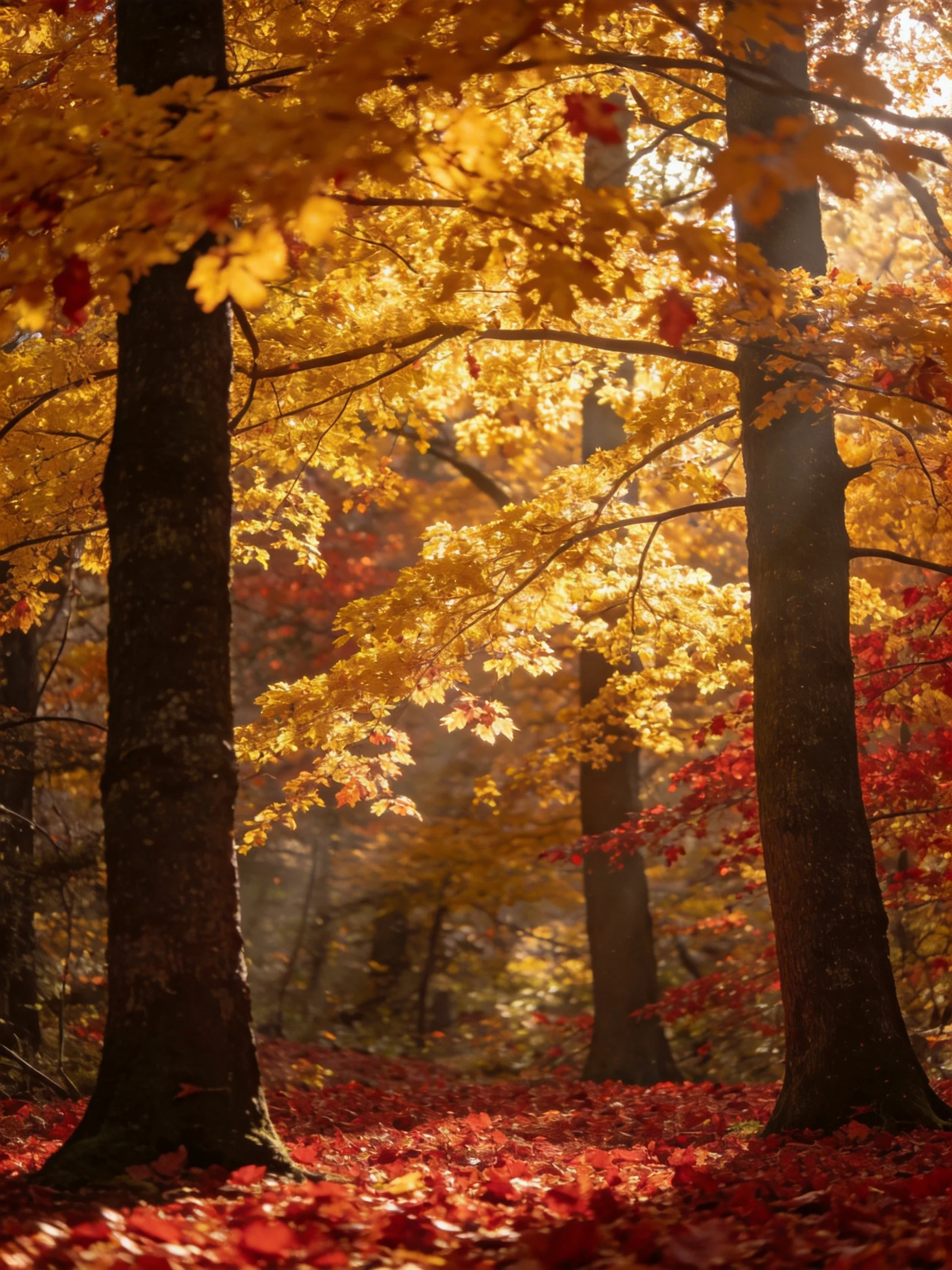 Golden and crimson leaves fill a sun-dappled autumn forest