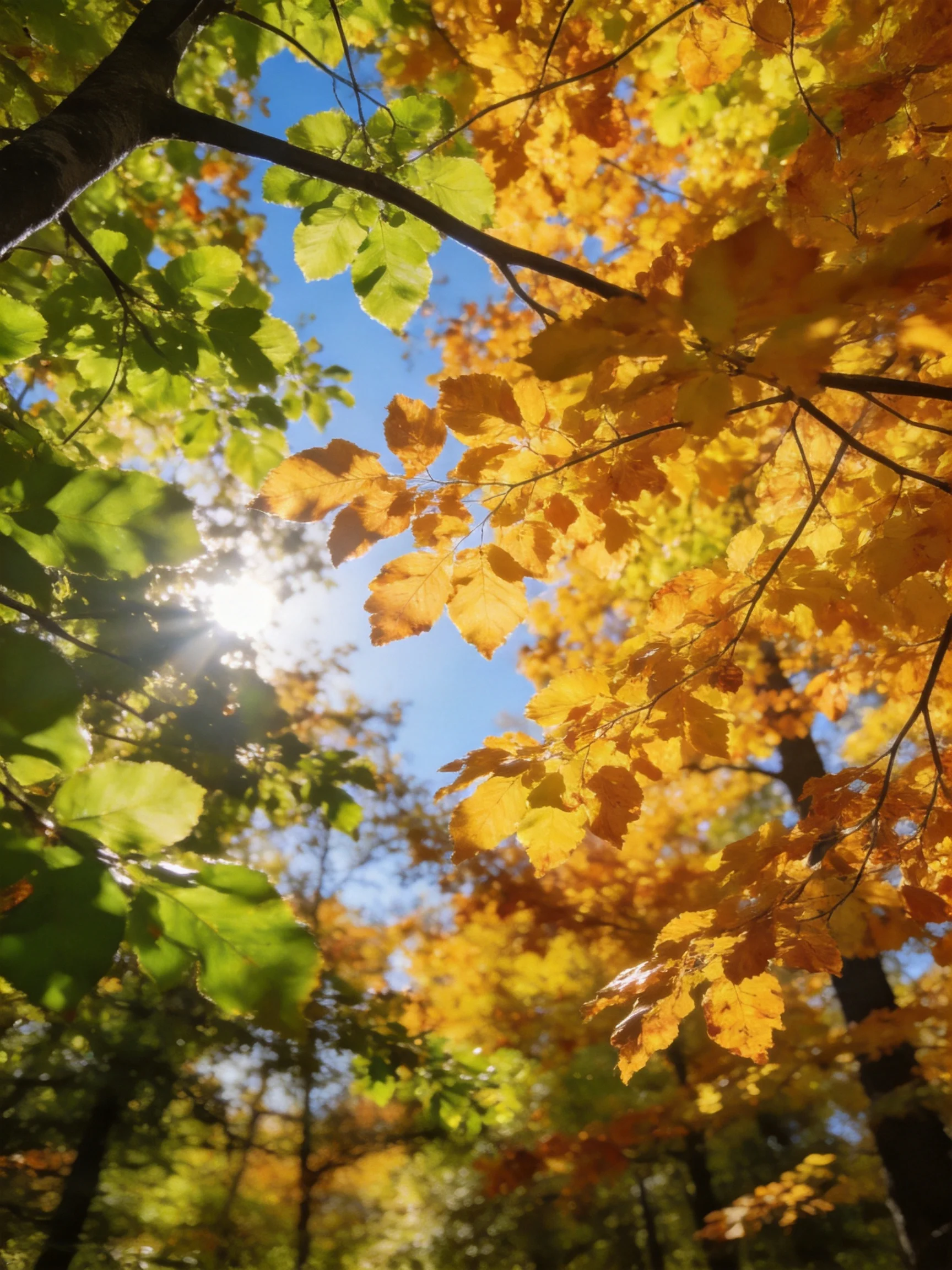 Golden and orange autumn leaves intermingle with green foliage beneath sunny sky