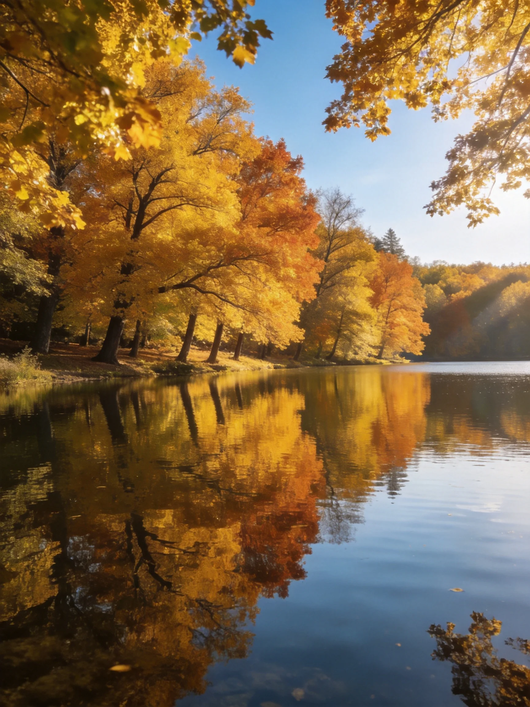 Golden and orange autumn trees reflect in a serene lake