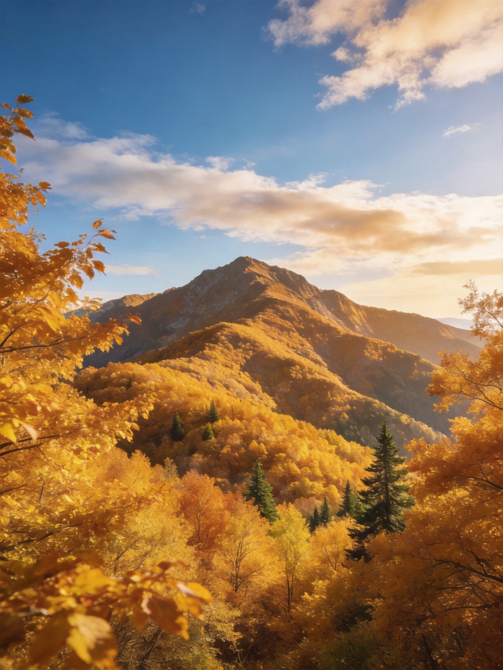 Golden autumn foliage blankets rolling mountains beneath clear blue sky