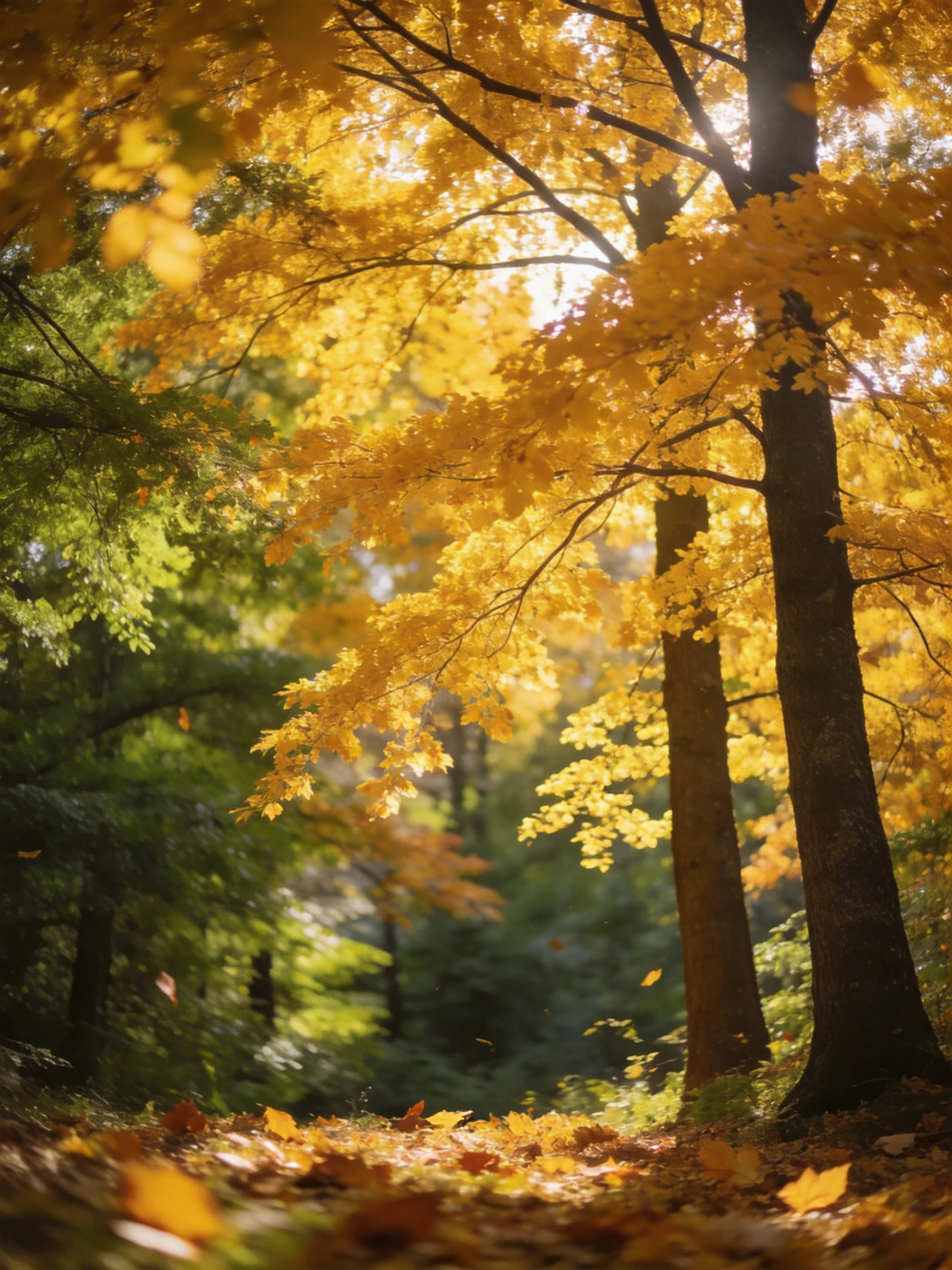 Golden autumn foliage draping tall trees in sunlight