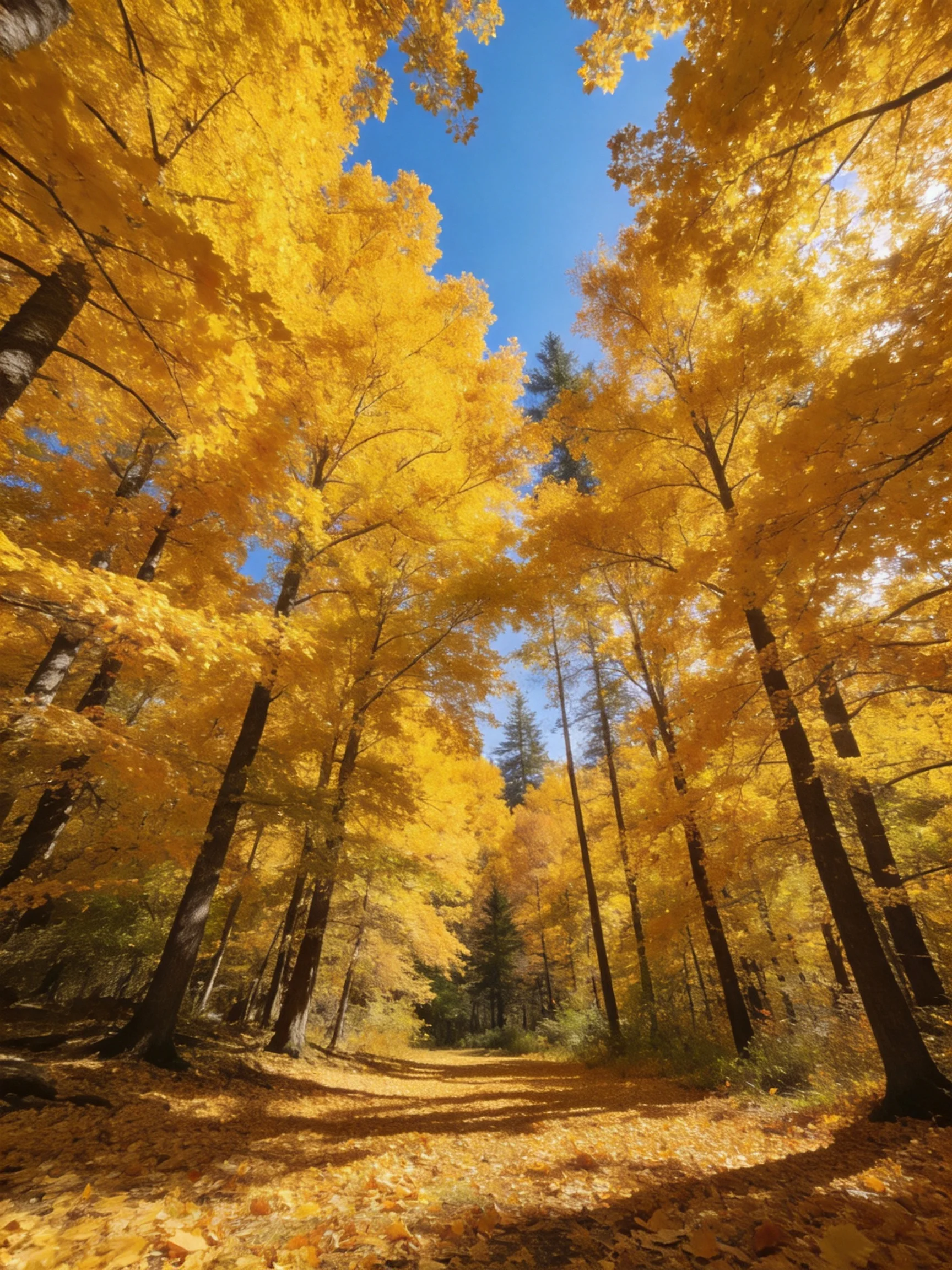 Golden autumn foliage fills a sunlit forest pathway