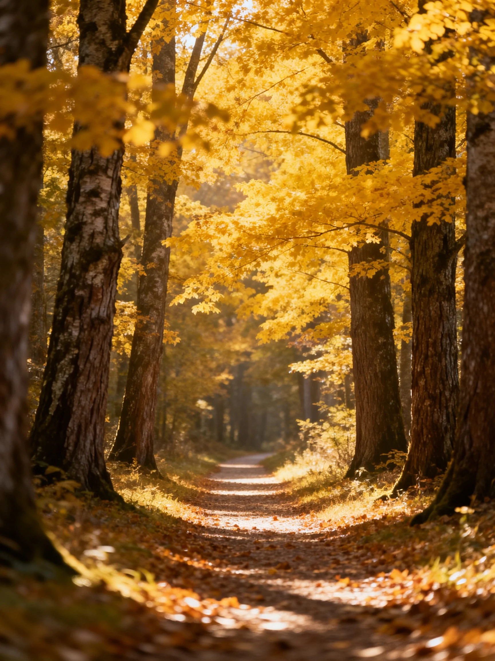 Golden autumn foliage frames a winding forest path between tall trees