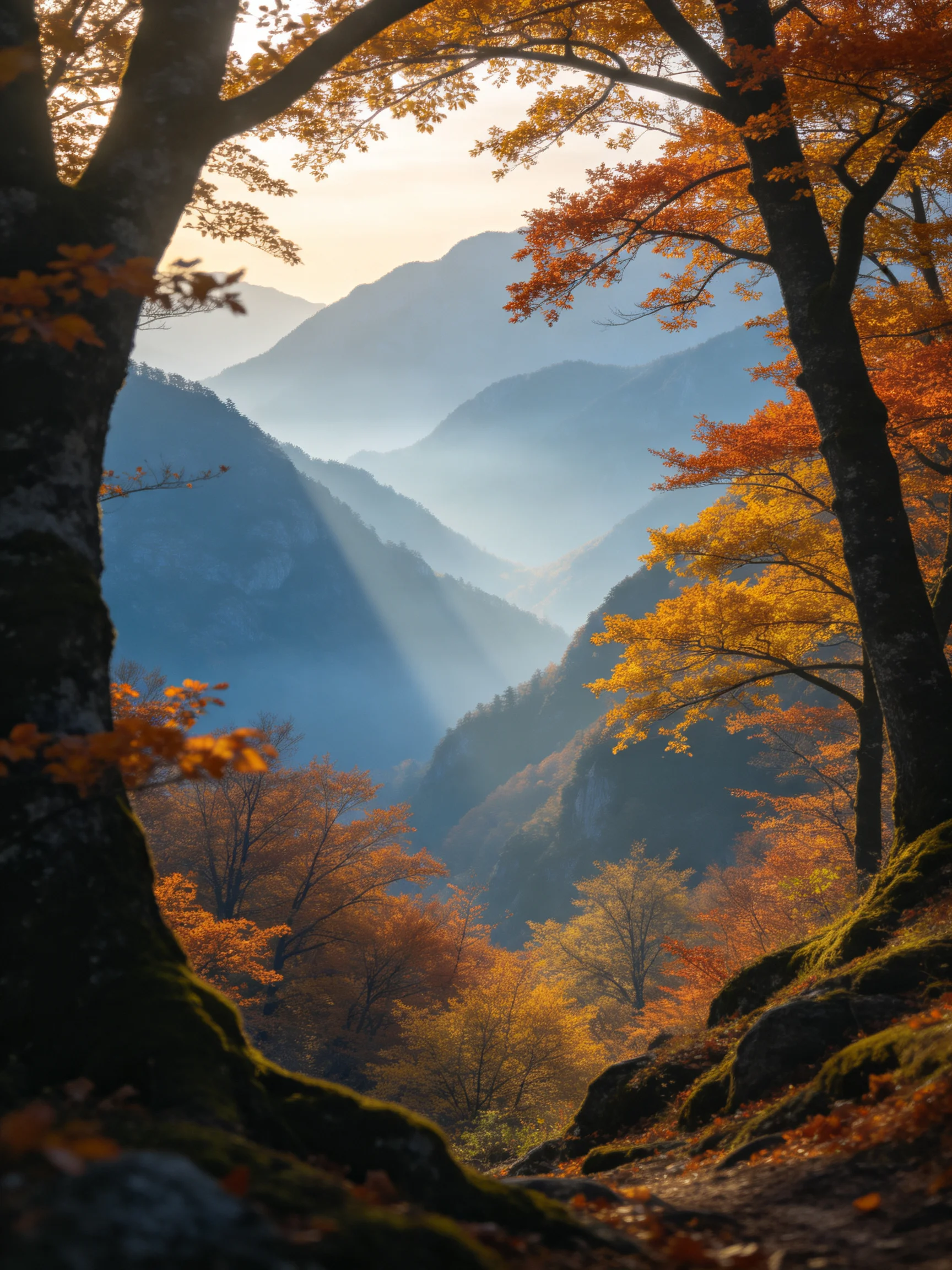Golden autumn foliage frames misty mountain valleys with golden light