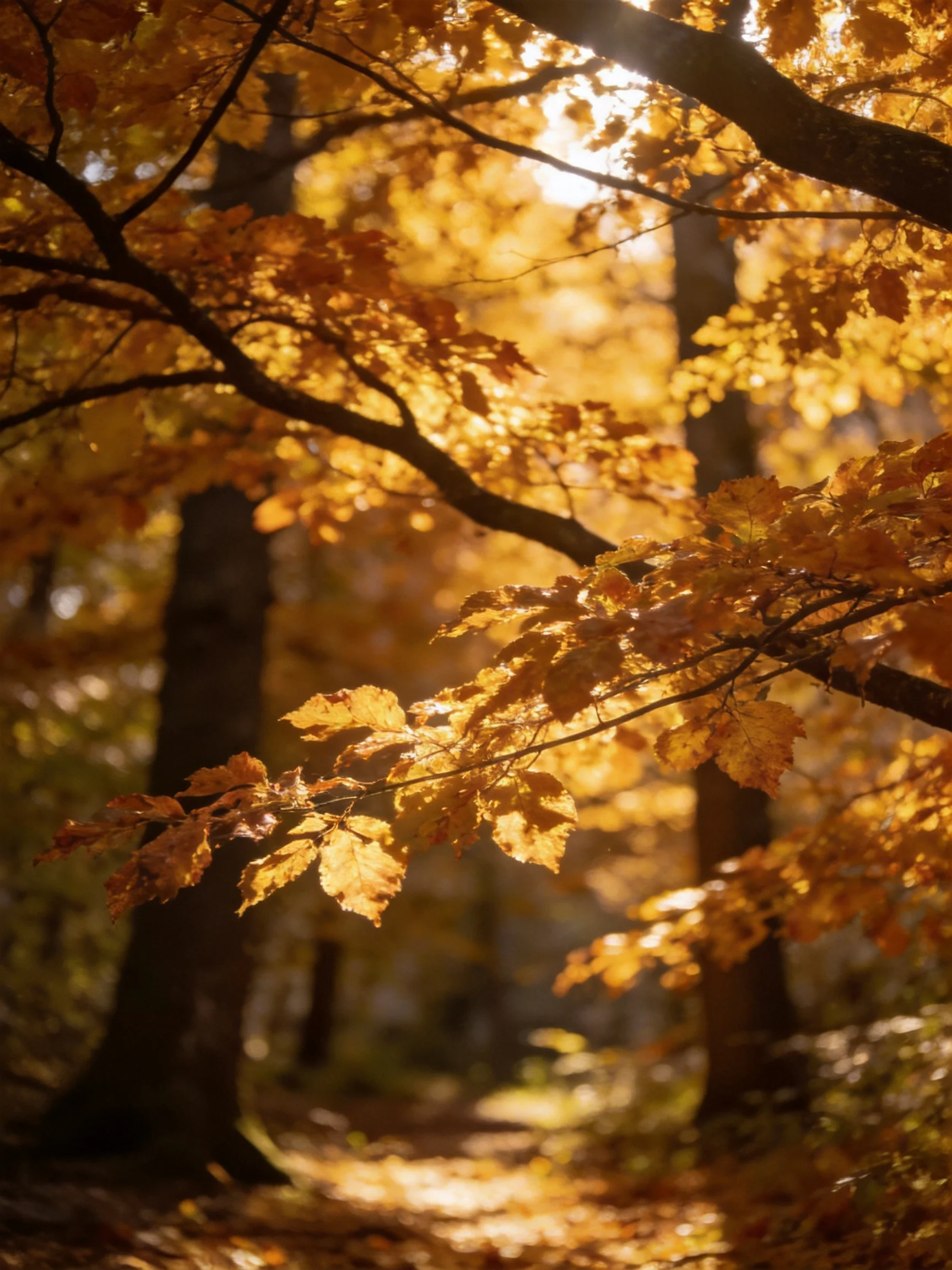 Golden autumn foliage glows amid tall trees in sun-dappled forest