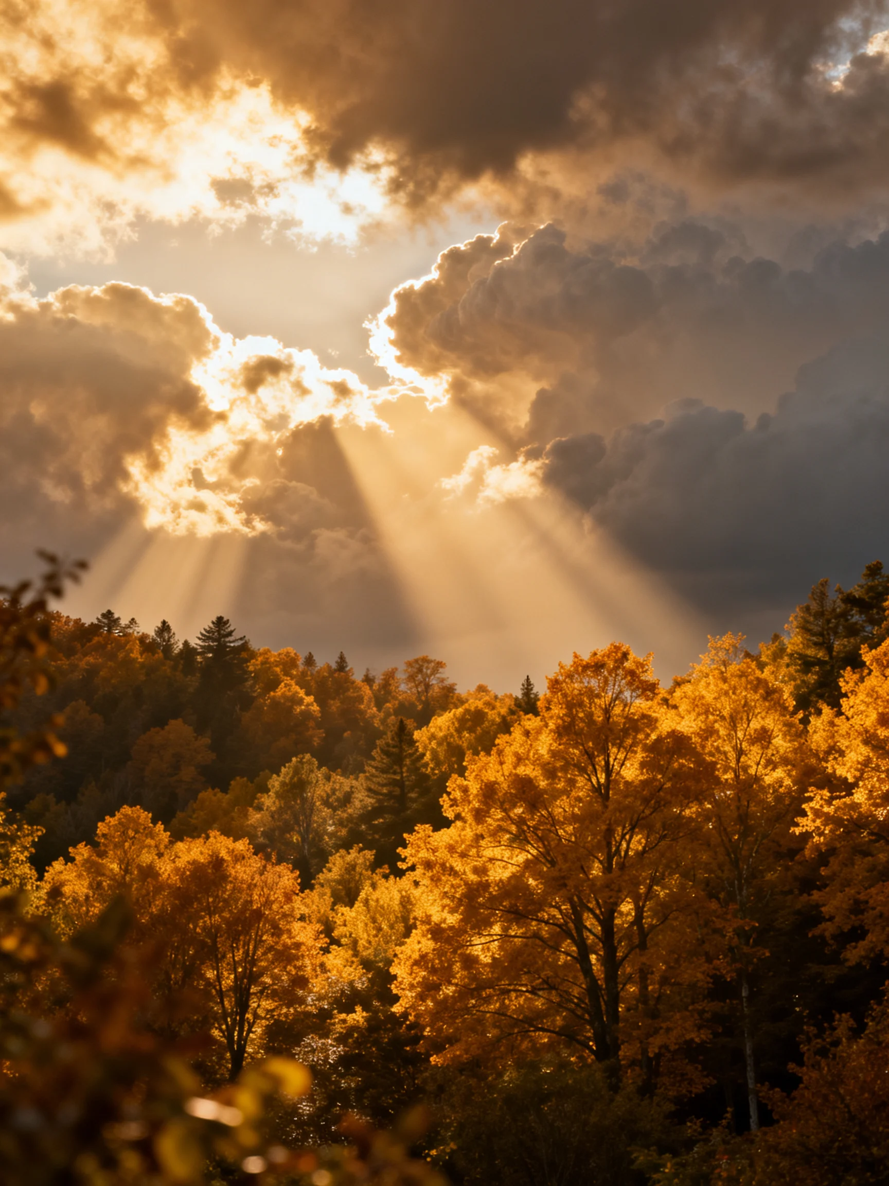 Golden autumn foliage illuminated by dramatic sunbeams through stormy clouds