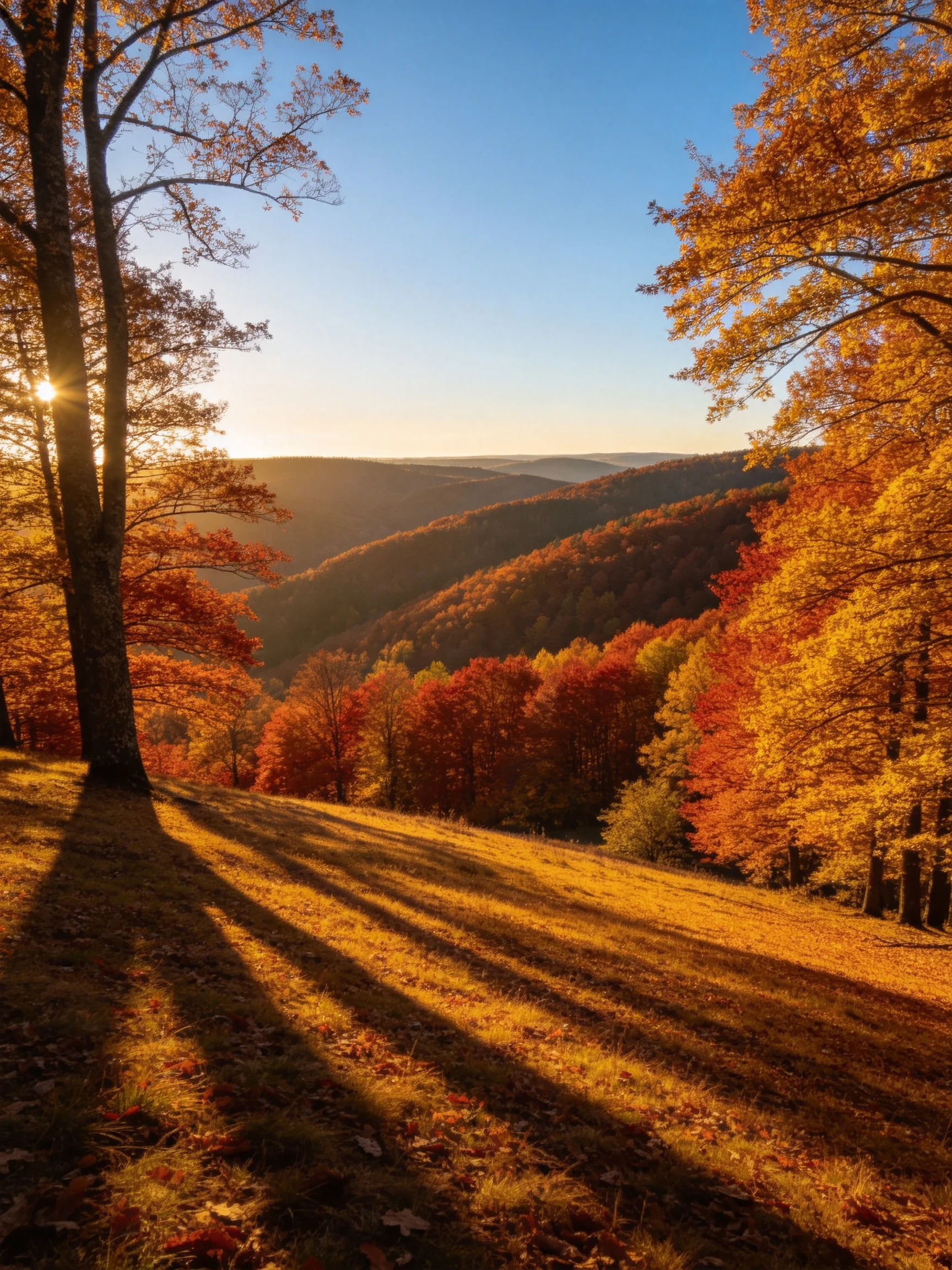 Golden autumn forest with rolling hills under warm sunlight