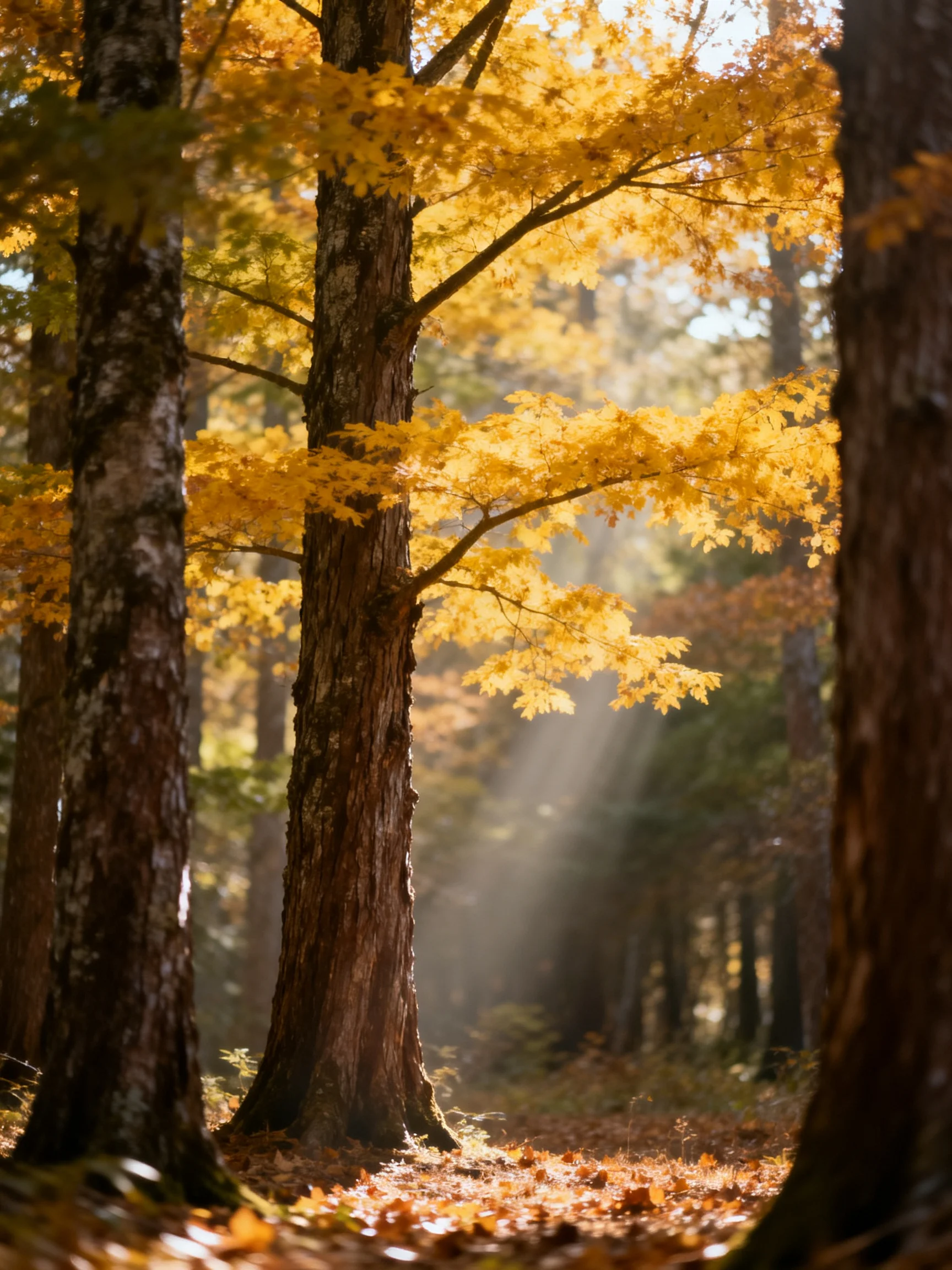 Golden autumn forest with sunbeams filtering through tall trees