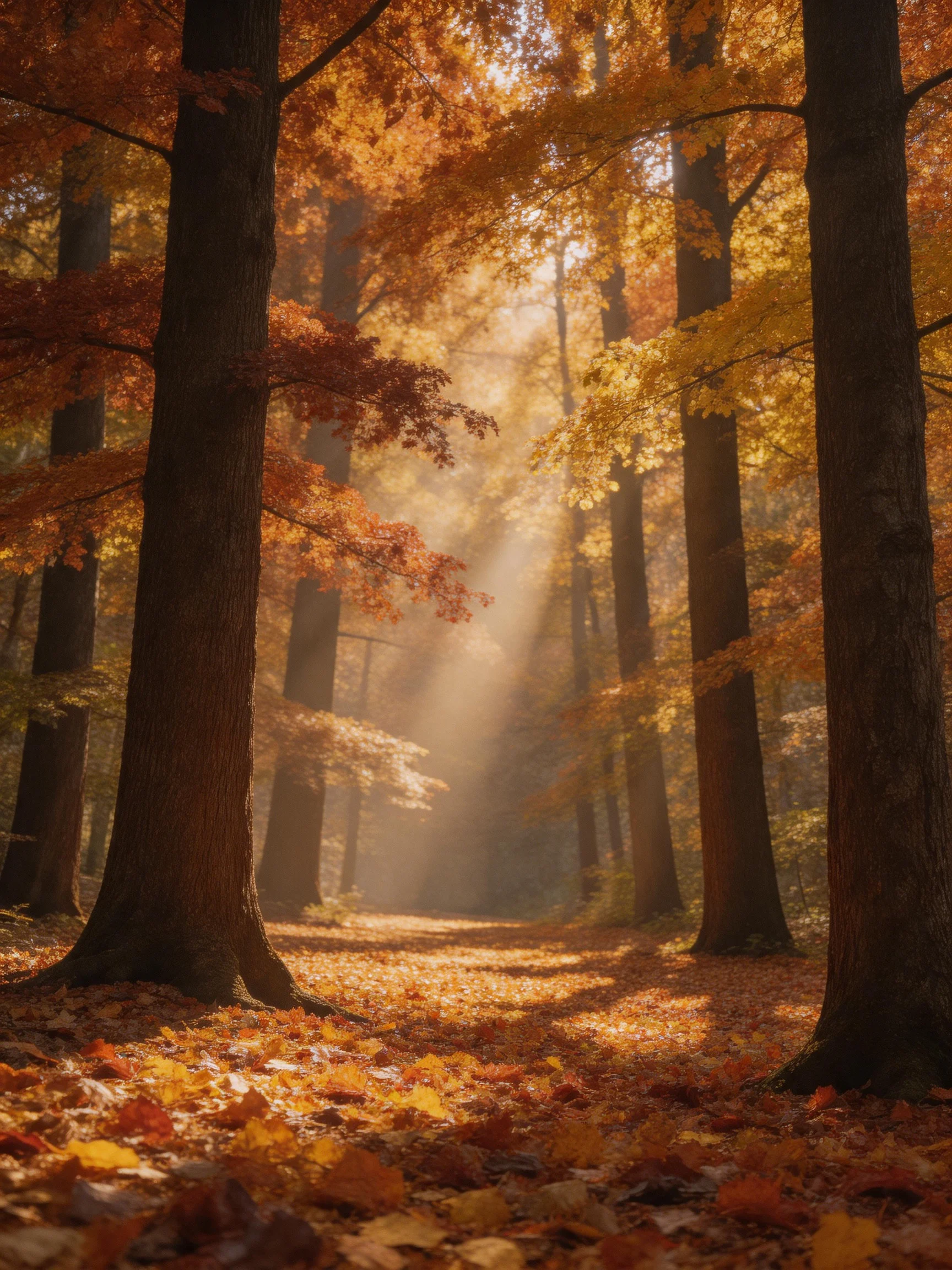 Golden autumn forest with sunbeams streaming through trees