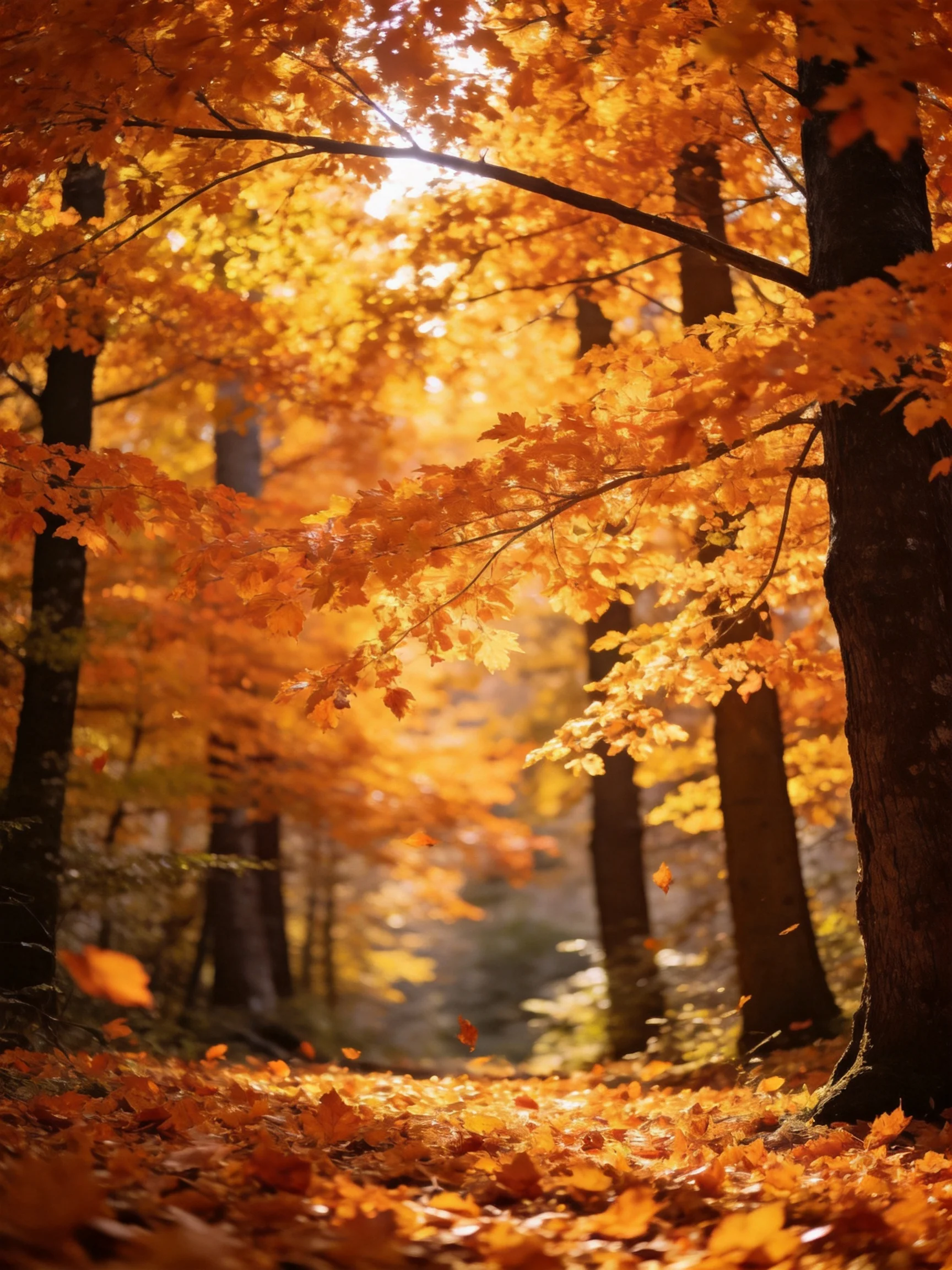 Golden autumn forest with vibrant orange foliage and fallen leaves
