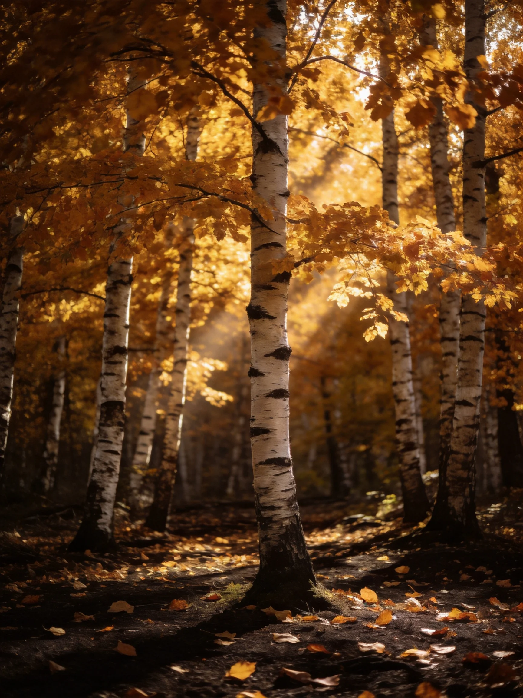 Golden autumn forest with white-barked birch trees and sunbeams