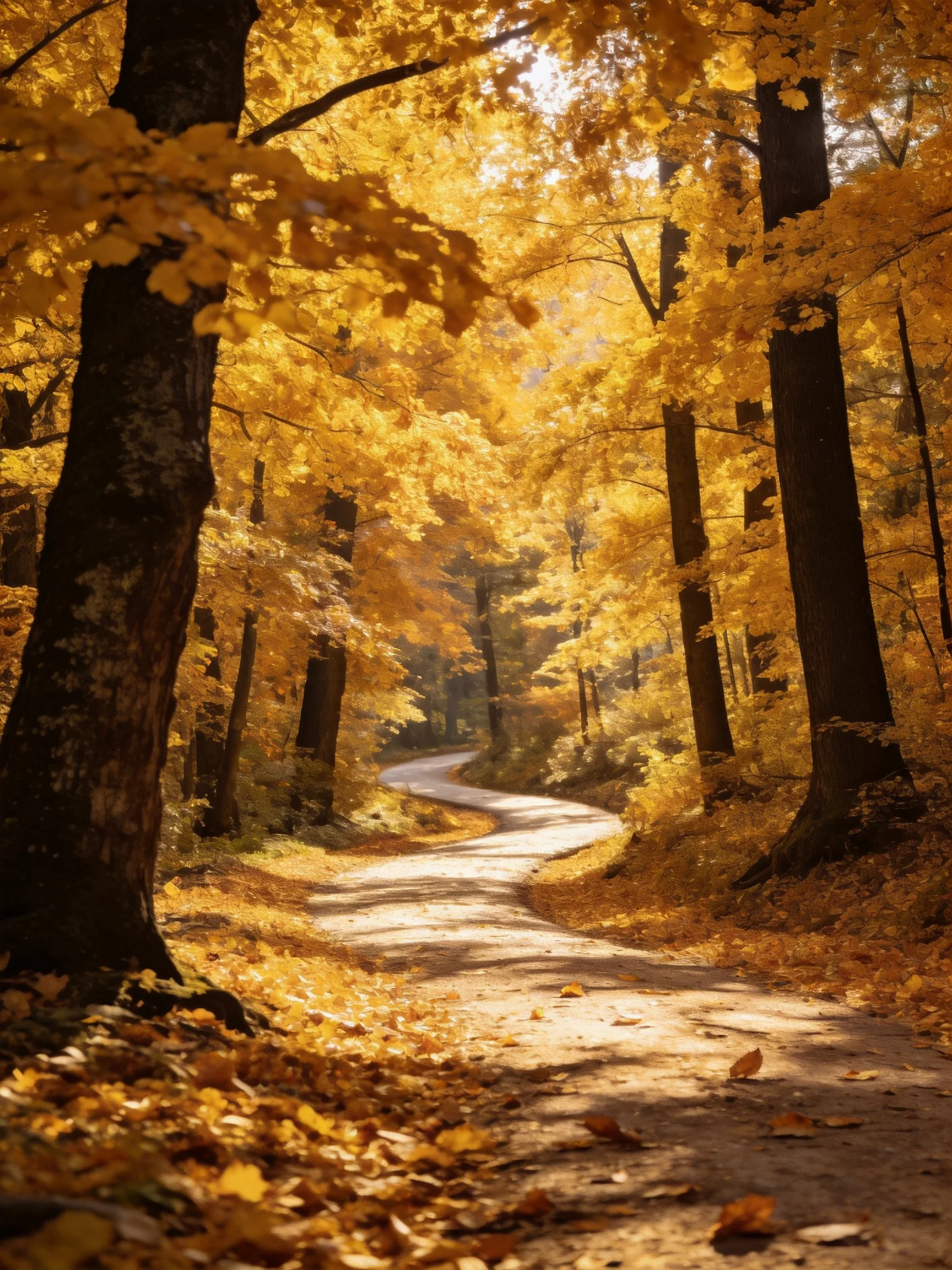 Golden autumn forest with winding dirt path surrounded by tall trees