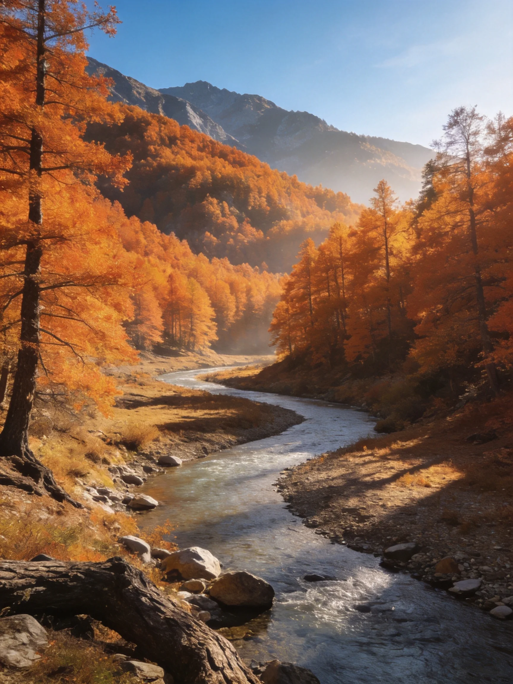 Golden autumn forest with winding stream and mountain backdrop