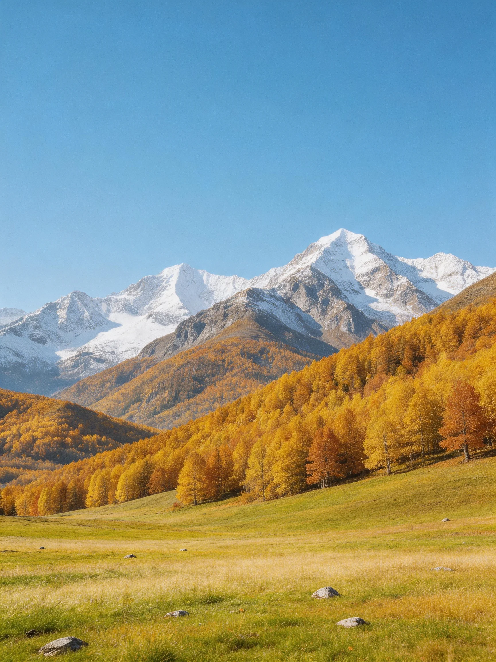 Golden autumn forests, green meadows, and snow-capped mountains under clear blue skies