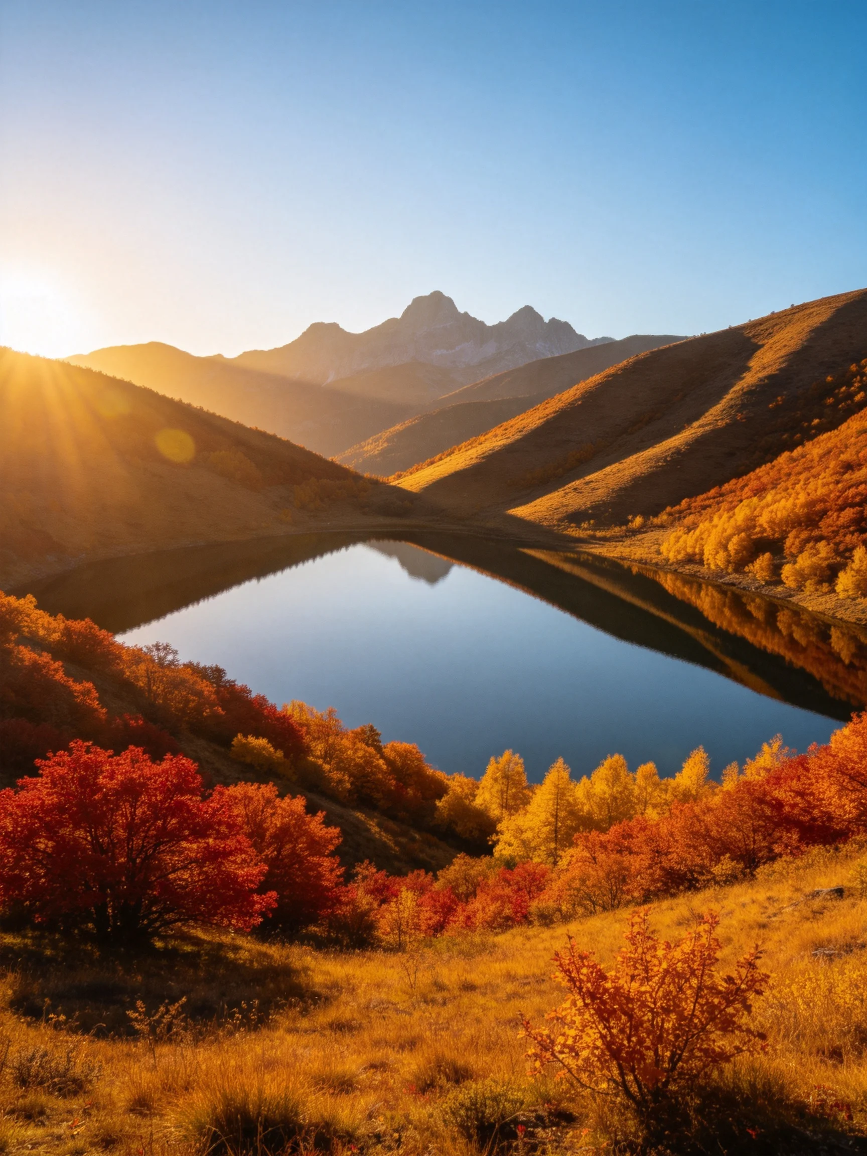 Golden autumn hills surround a calm reflective lake with blue sky