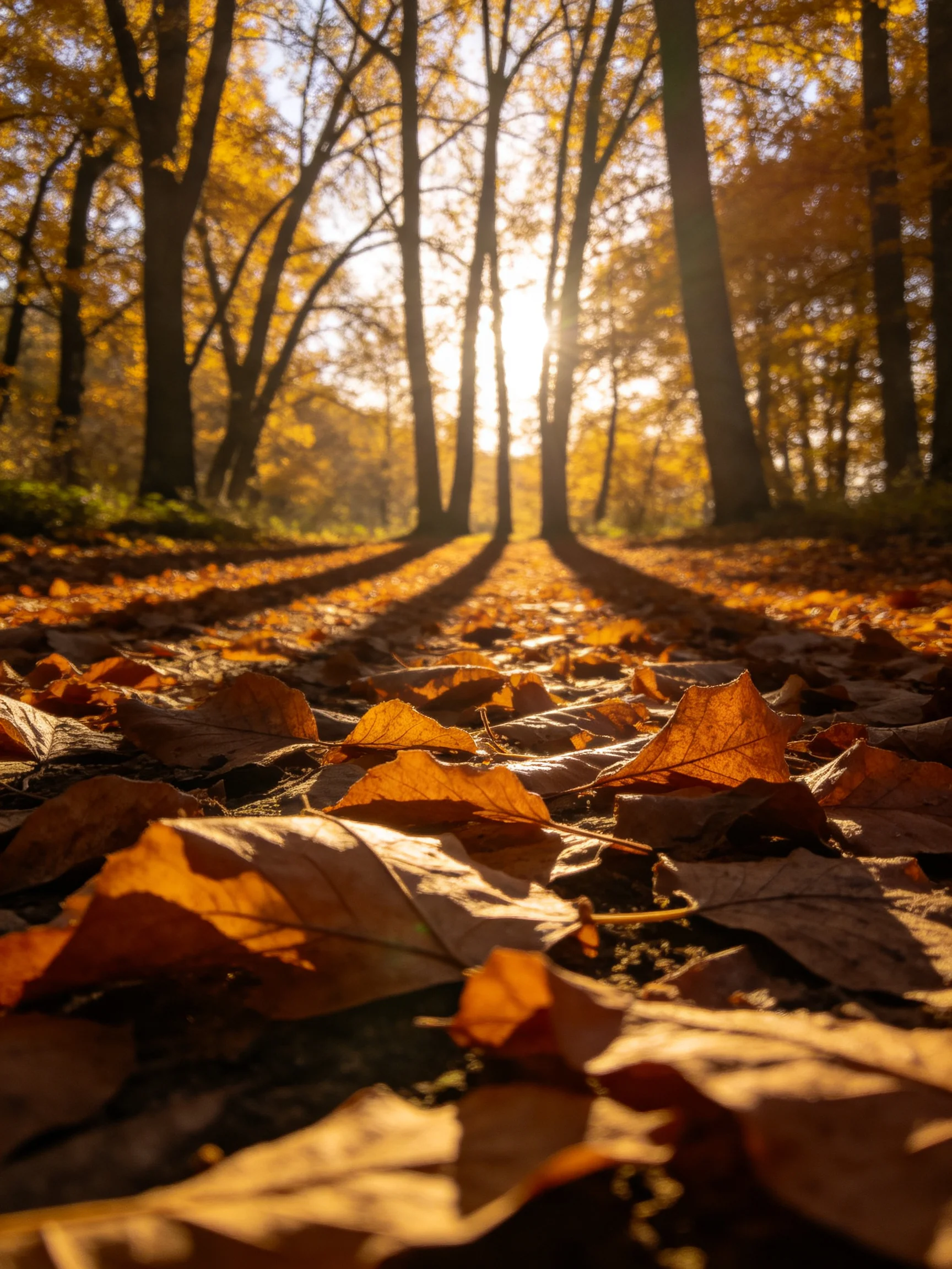 Golden autumn leaves blanket a sun-dappled forest path