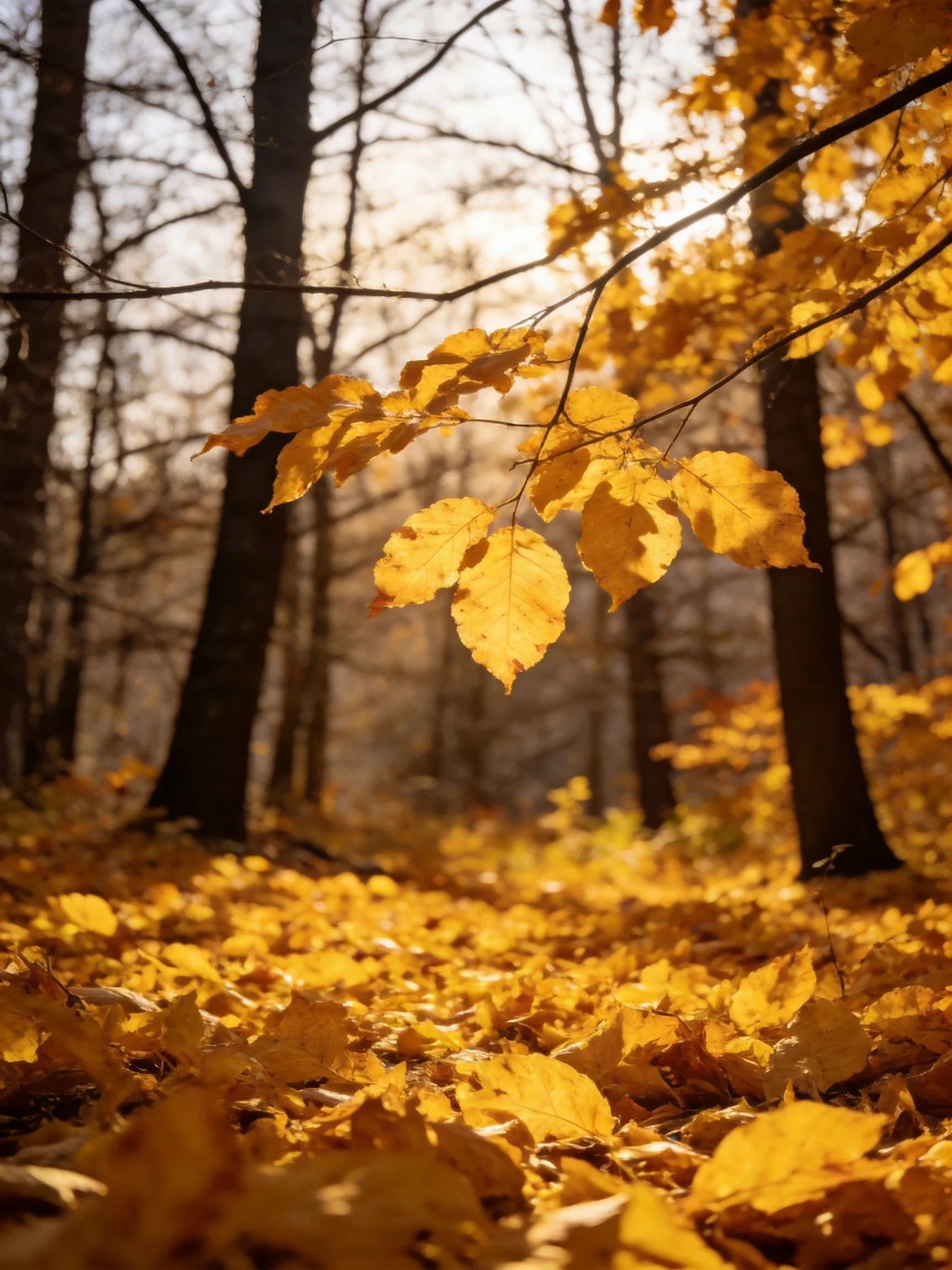 Golden autumn leaves blanket a sunlit forest floor