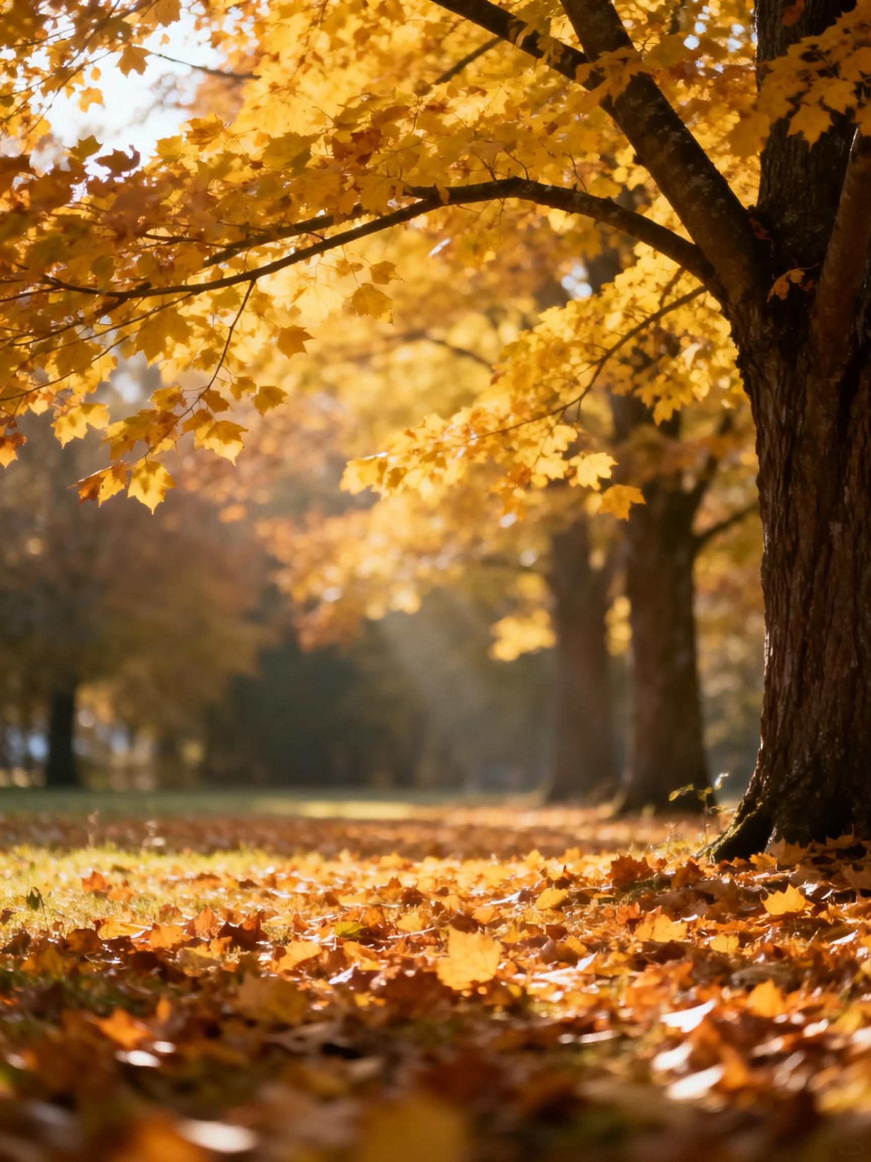 Golden autumn leaves blanket park path with sunlight filtering