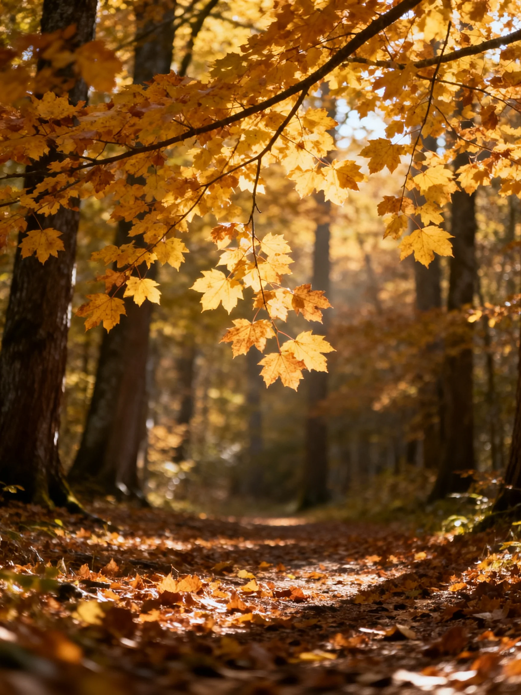 Golden autumn leaves drape over a sunlit forest path