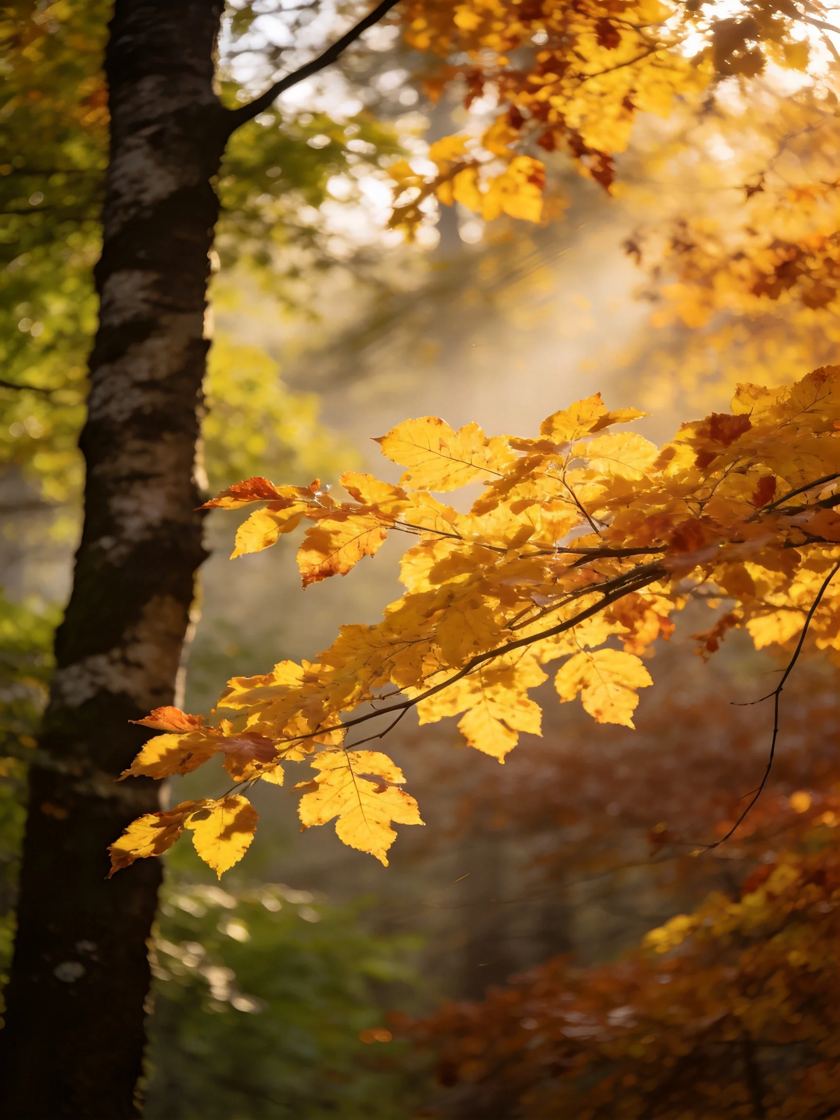 Golden autumn leaves illuminated by misty forest light