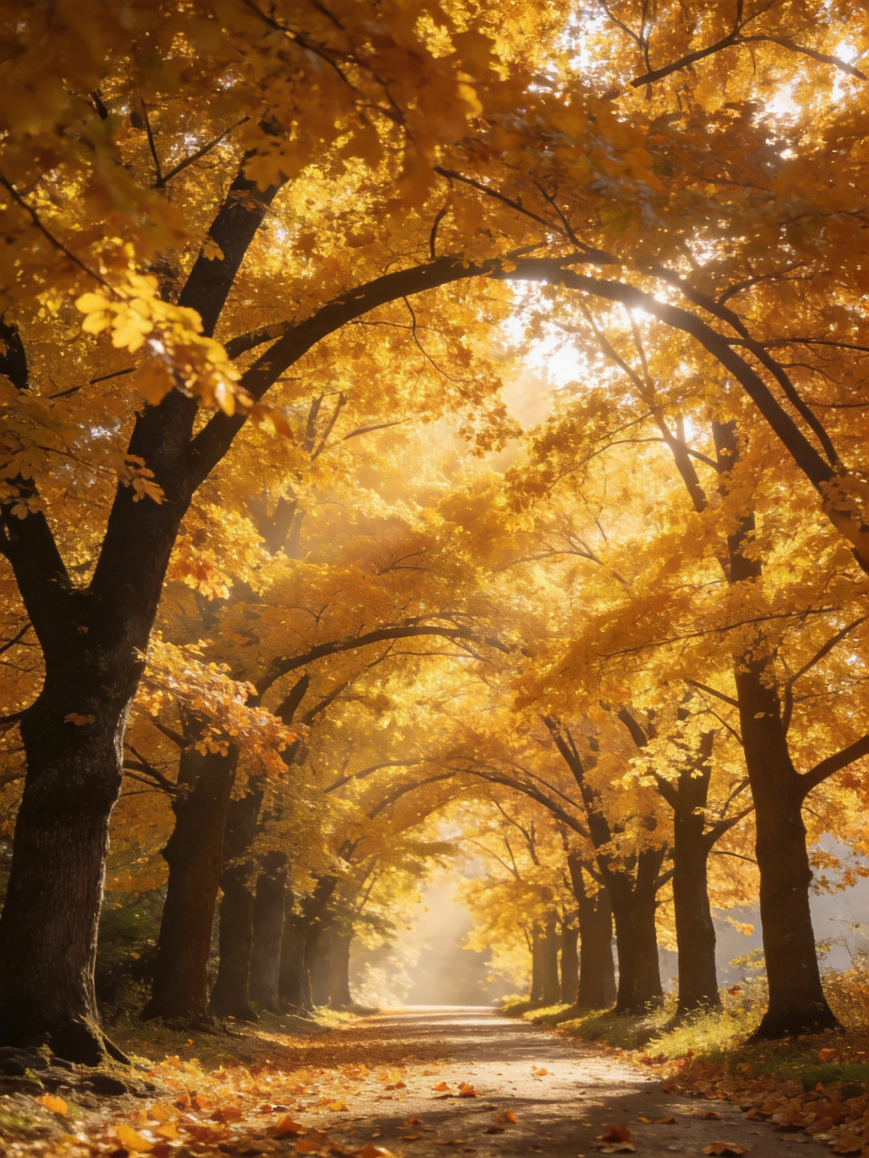 Golden autumn trees form an arched canopy over a sunlit path