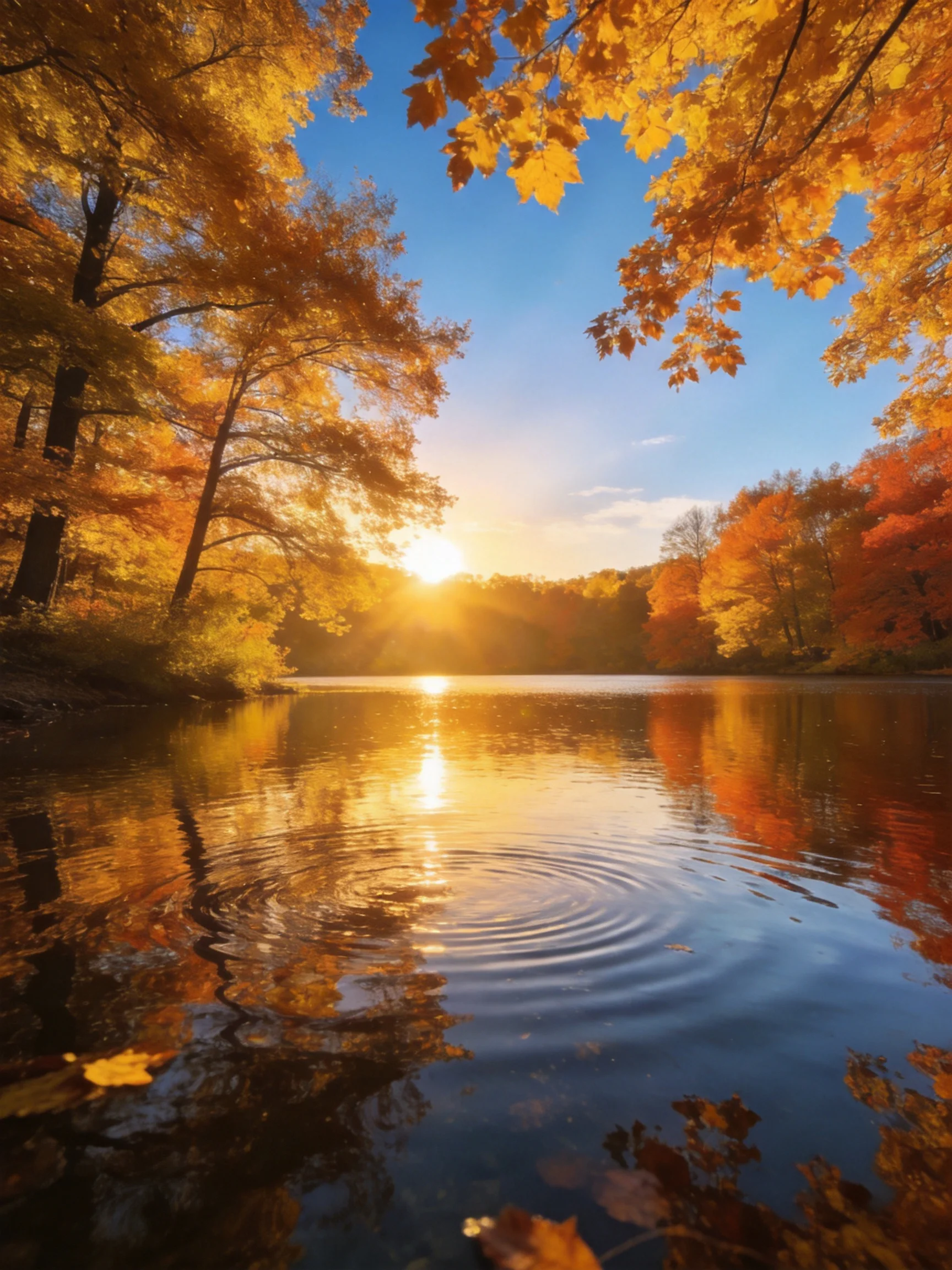 Golden autumn trees frame a serene lake at sunset