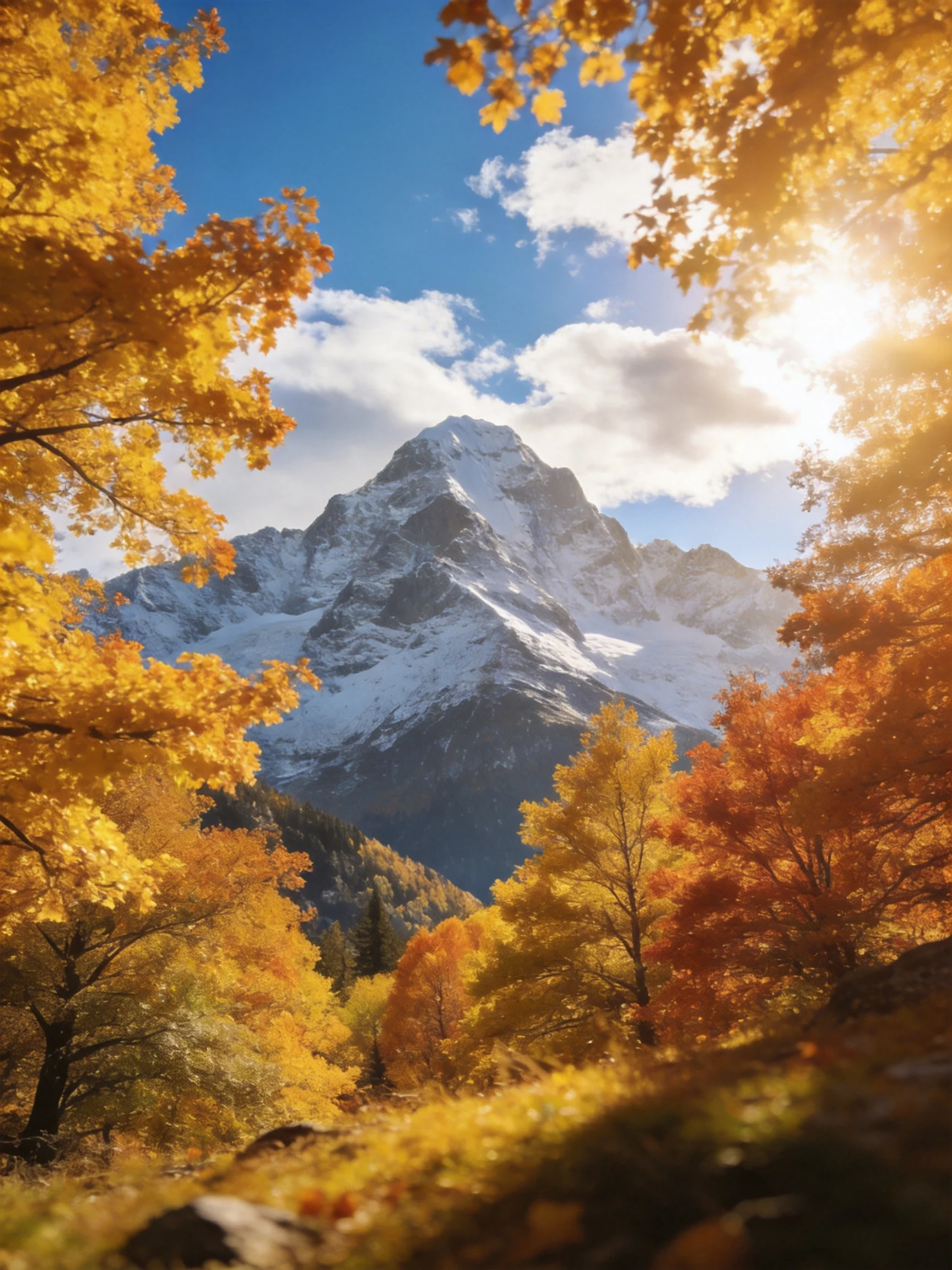 Golden autumn trees frame a snow - capped mountain under bright blue sky