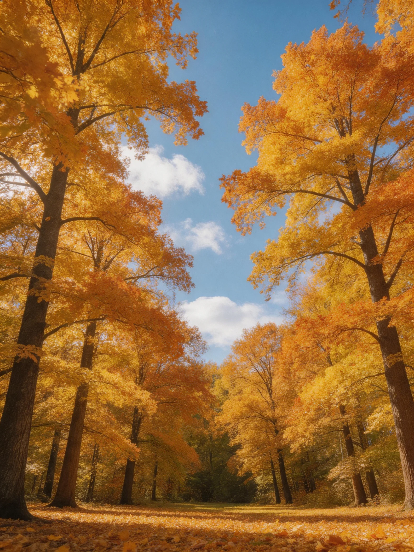 Golden autumn trees frame a sunlit forest pathway