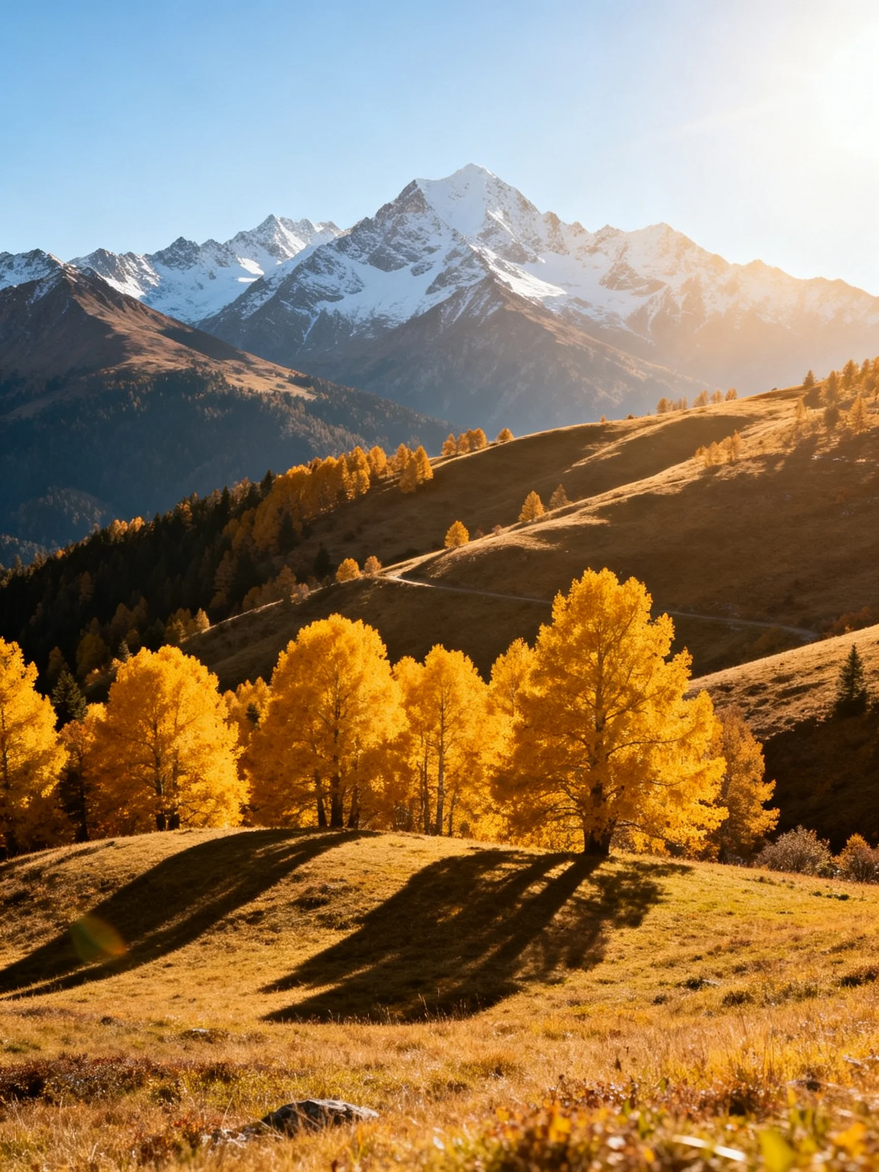 Golden autumn trees near snow - capped mountain peaks