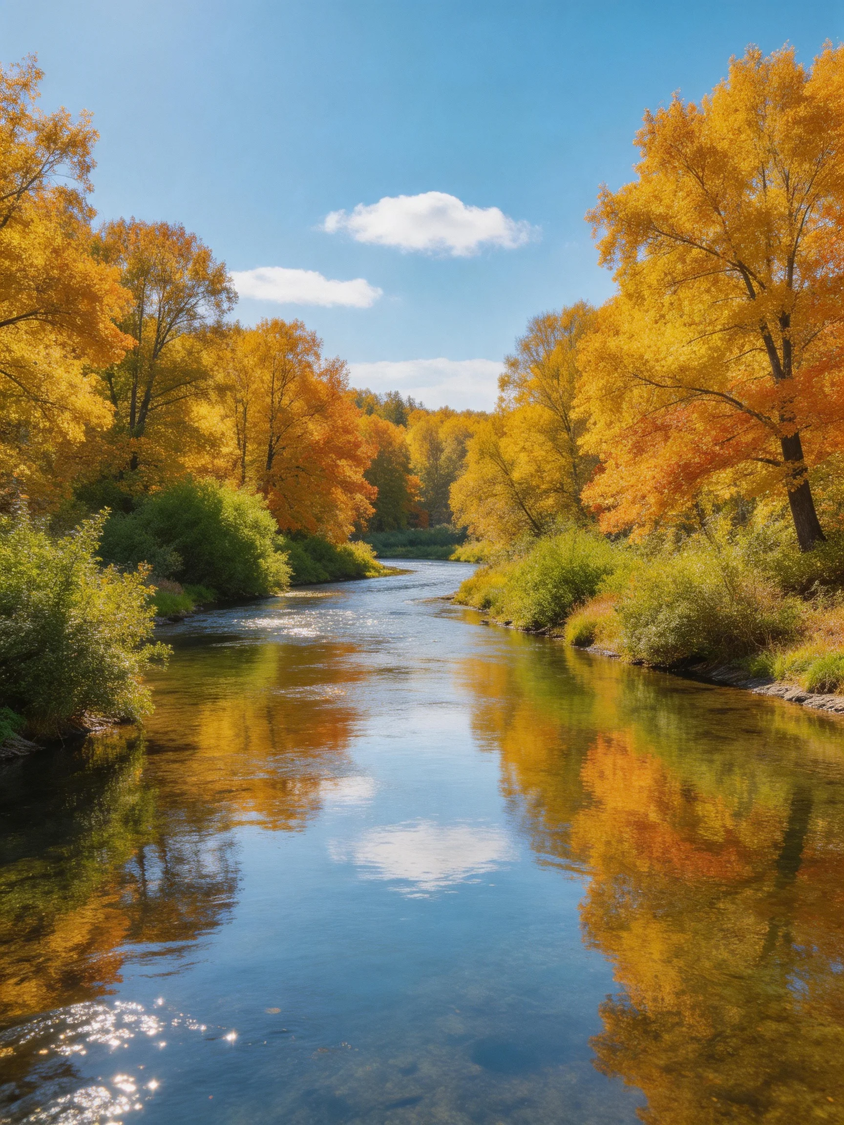 Golden autumn trees reflect in a calm river with greenery.