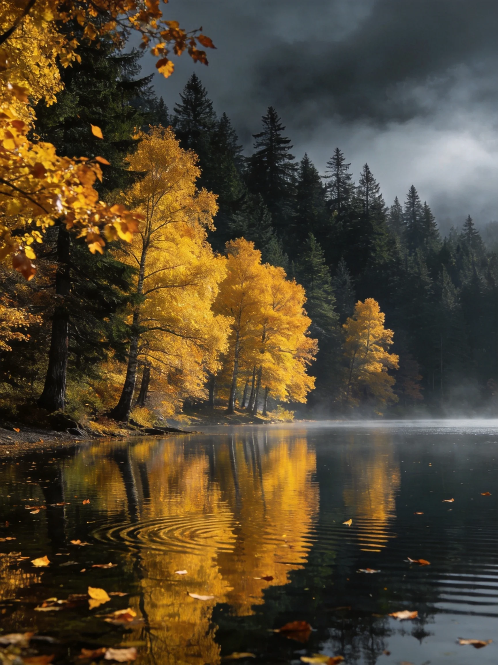 Golden autumn trees reflect in a misty lake beneath dark storm clouds