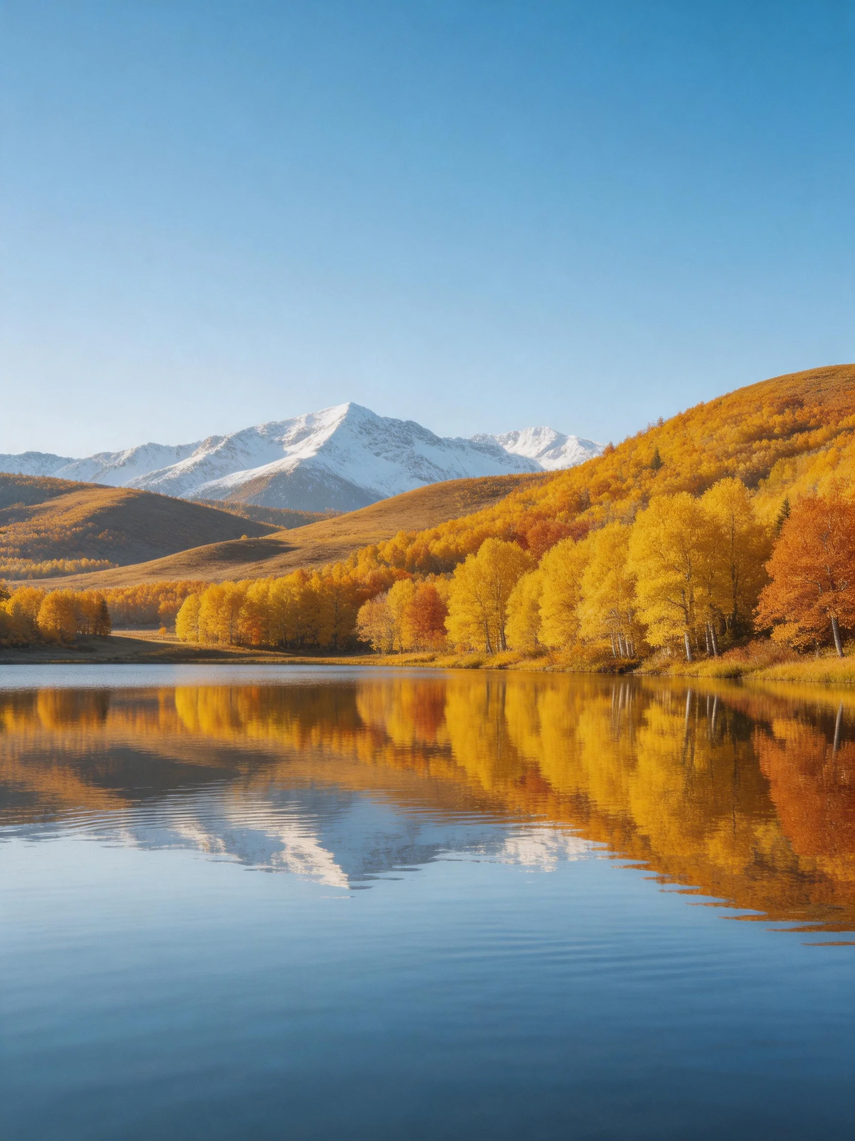 Golden autumn trees reflect in calm lake near snow-capped mountains