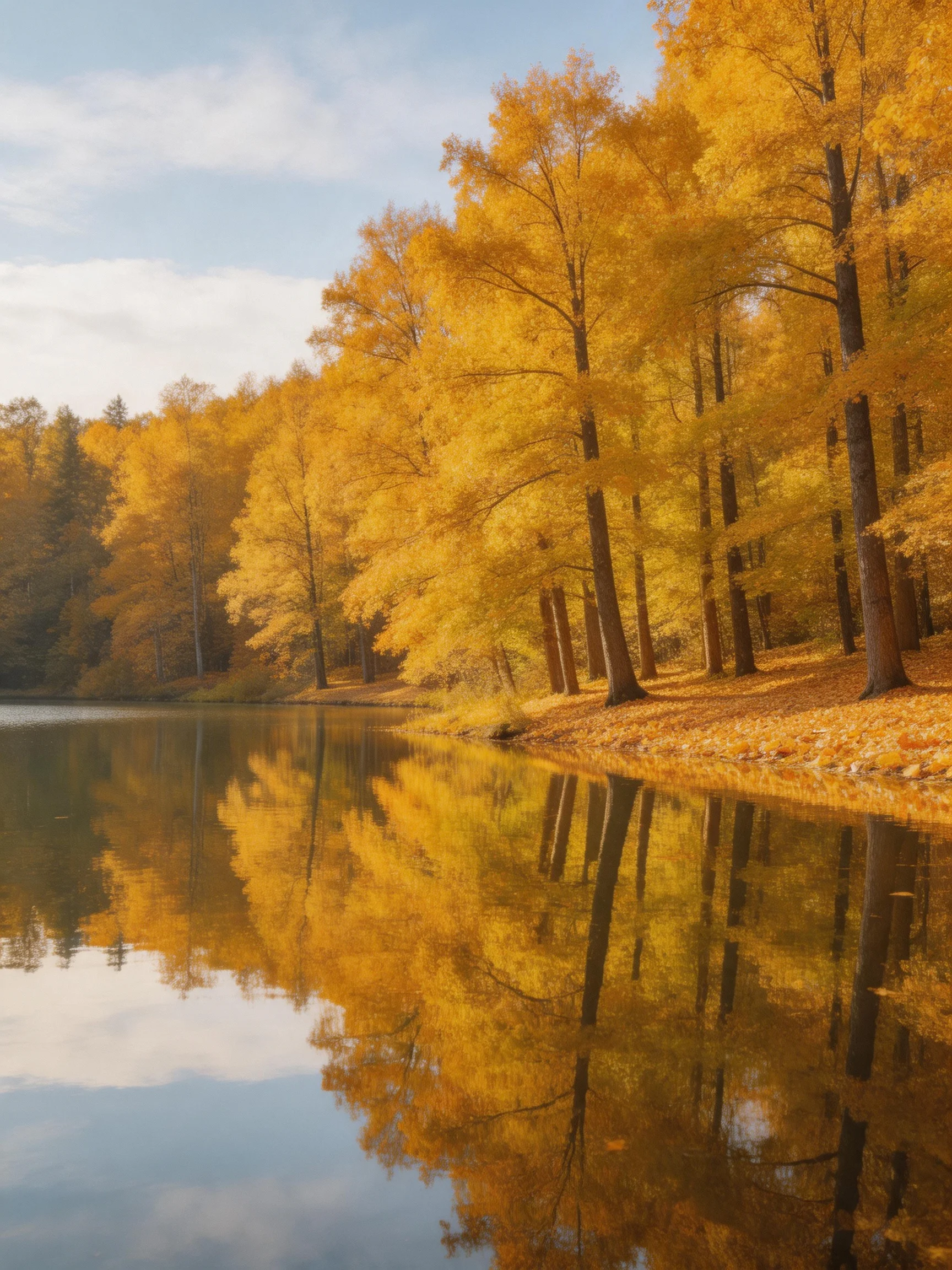 Golden autumn trees reflect in calm lake waters