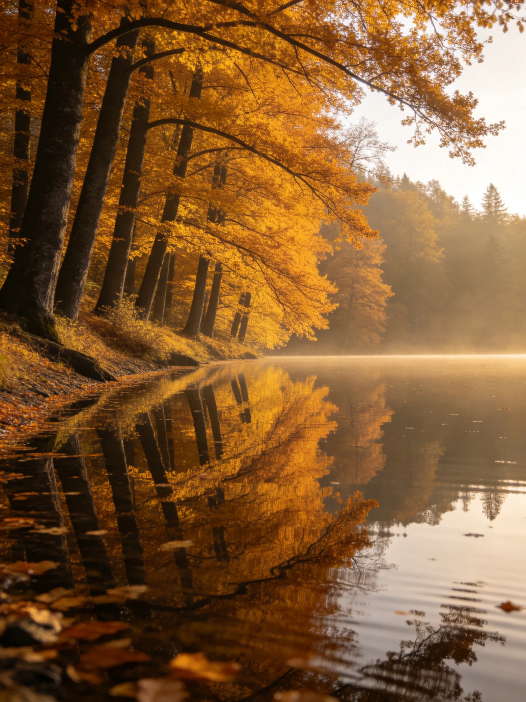 Golden autumn trees reflect in calm lake waters under misty forest