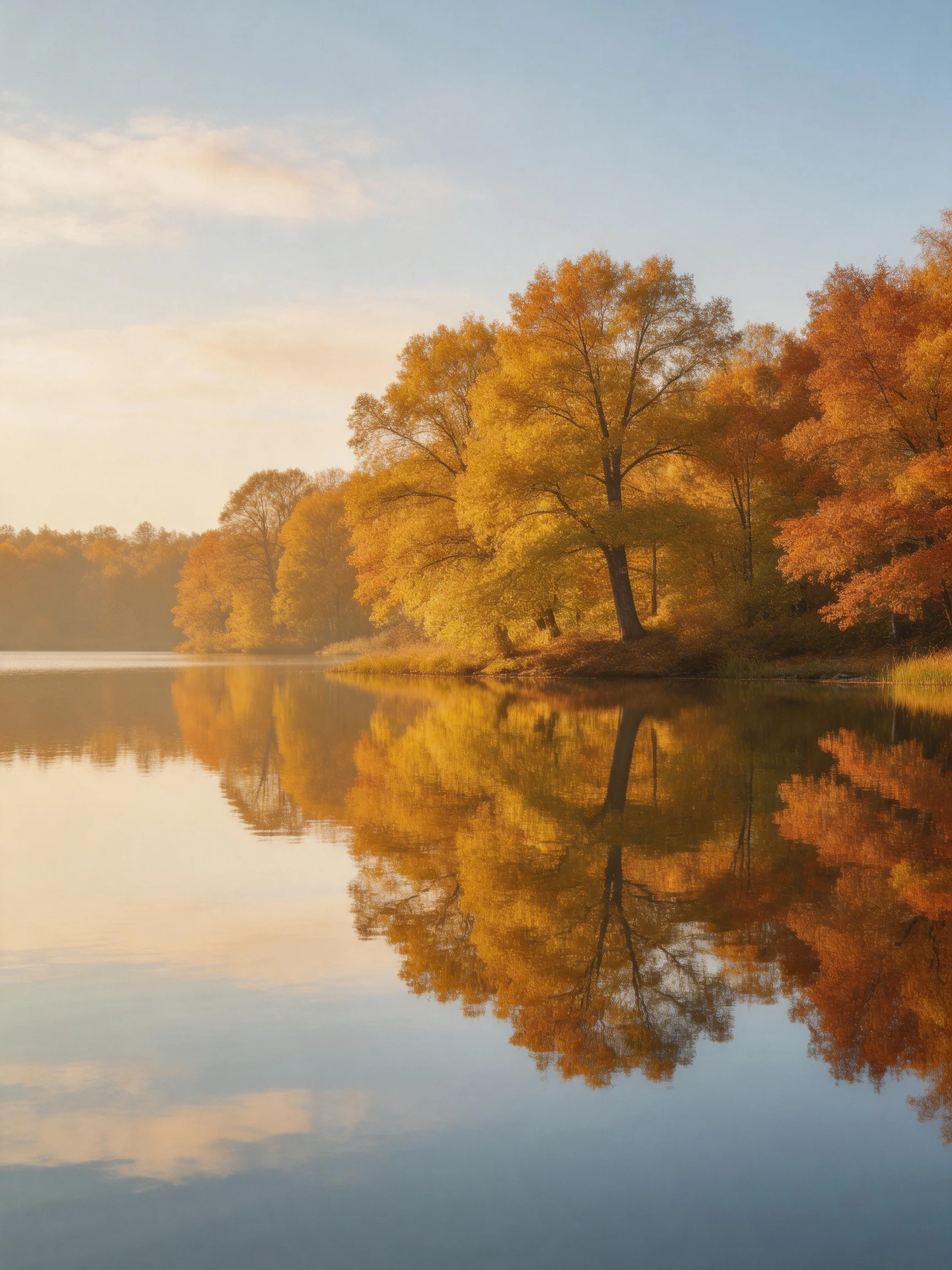 Golden autumn trees reflecting in a calm lake